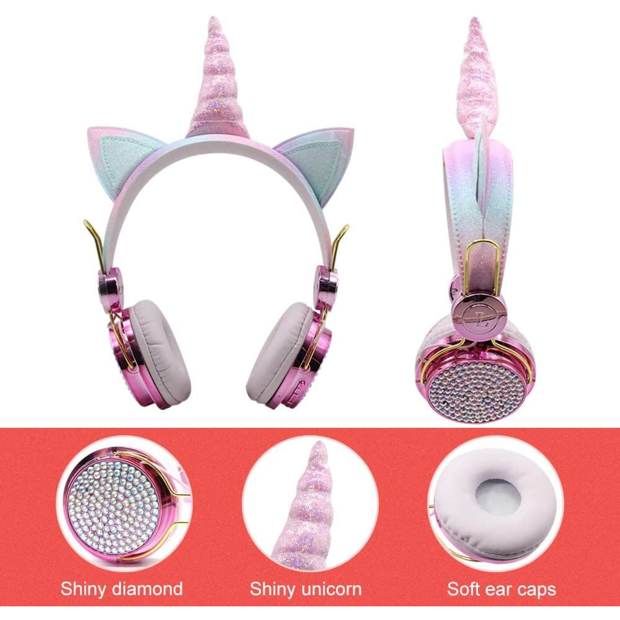 Glitzernde Kopfhörer mit Einhorn-Motiv, Ohren und glitzernden Steinen.