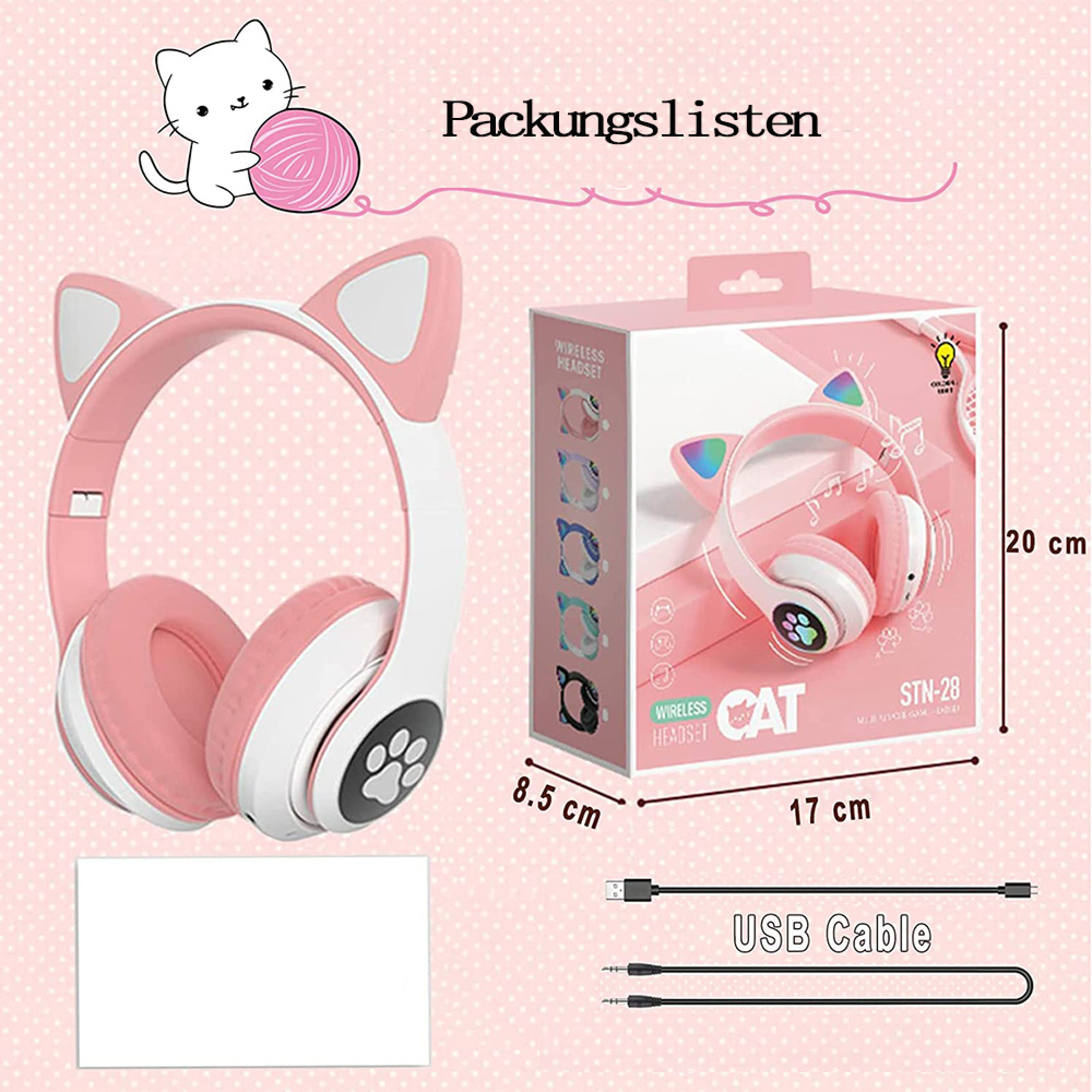 Rosa Kopfhörer mit Katzenohren, Verpackung und Zubehör auf rosa Hintergrund.