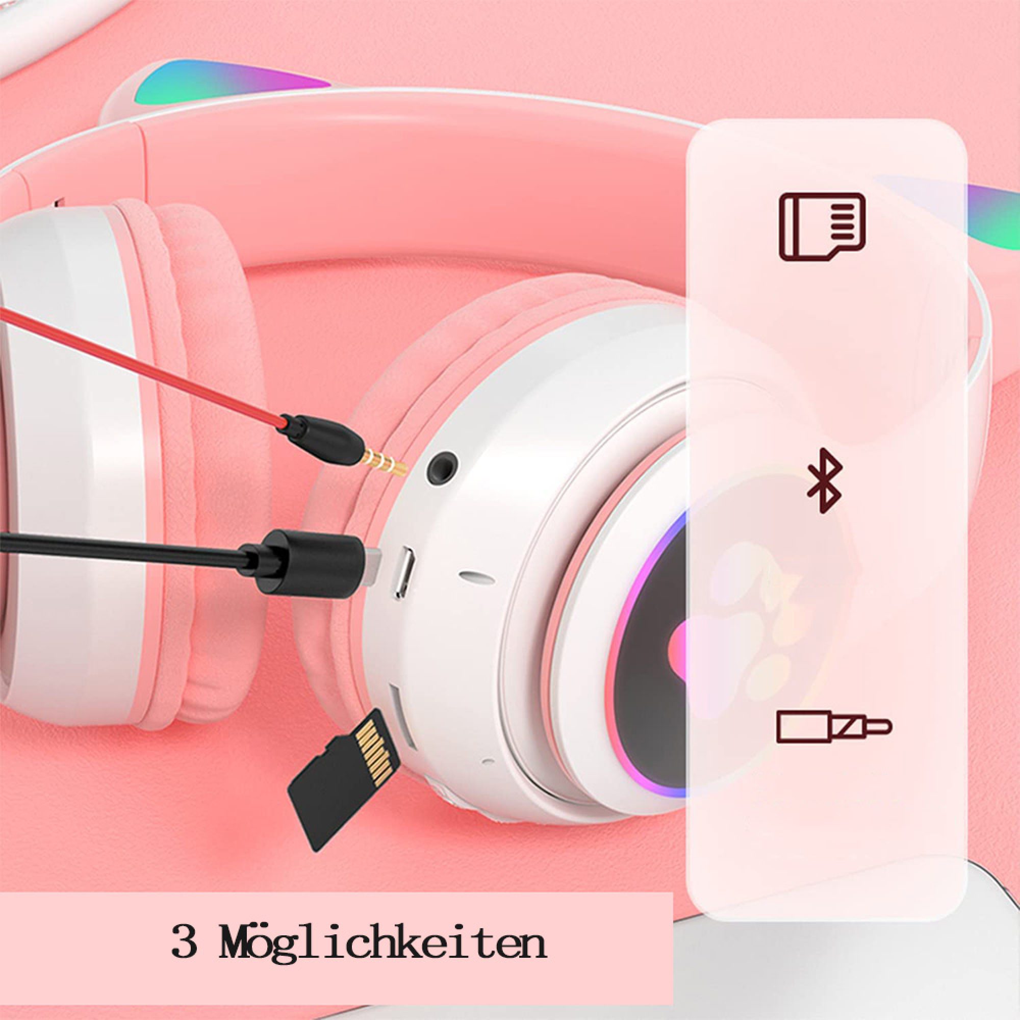 Rosa Kopfhörer mit Kabeln, SD-Karte und Verbindungssymbolen.