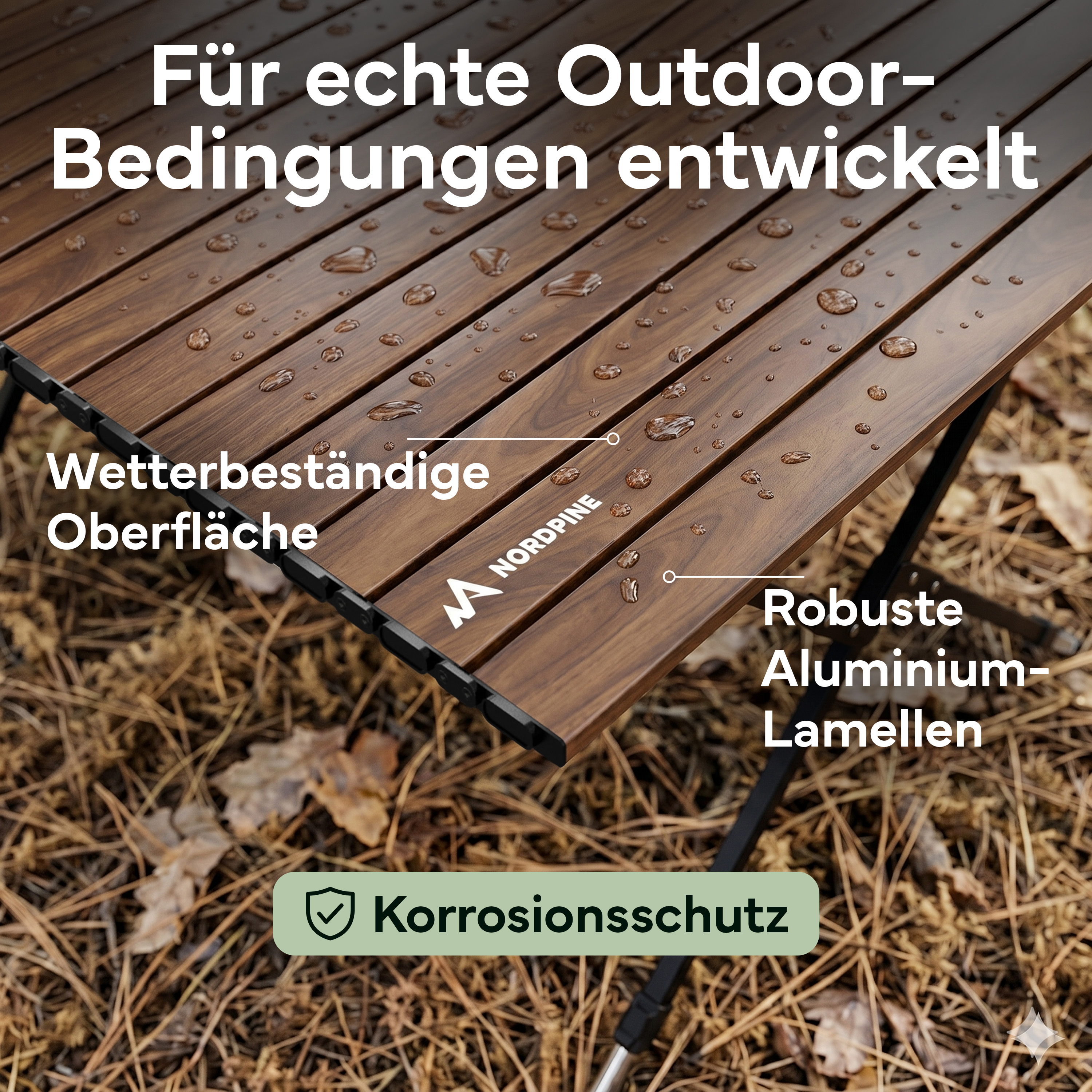 Holztisch mit Wassertropfen, wetterbeständige Oberfläche, Aluminiumlamellen.