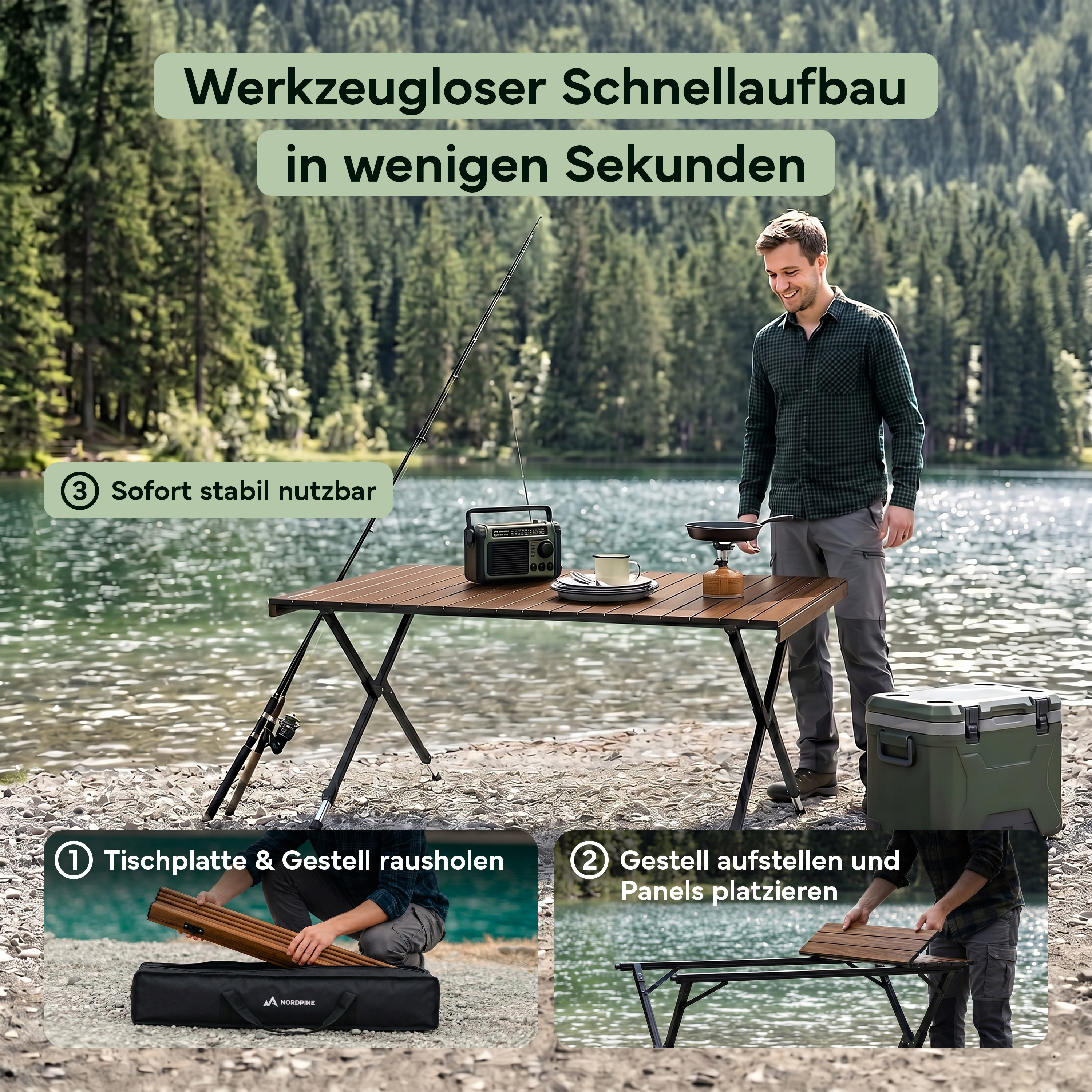Mann baut einen Tisch am See auf. Campingausrüstung liegt herum.