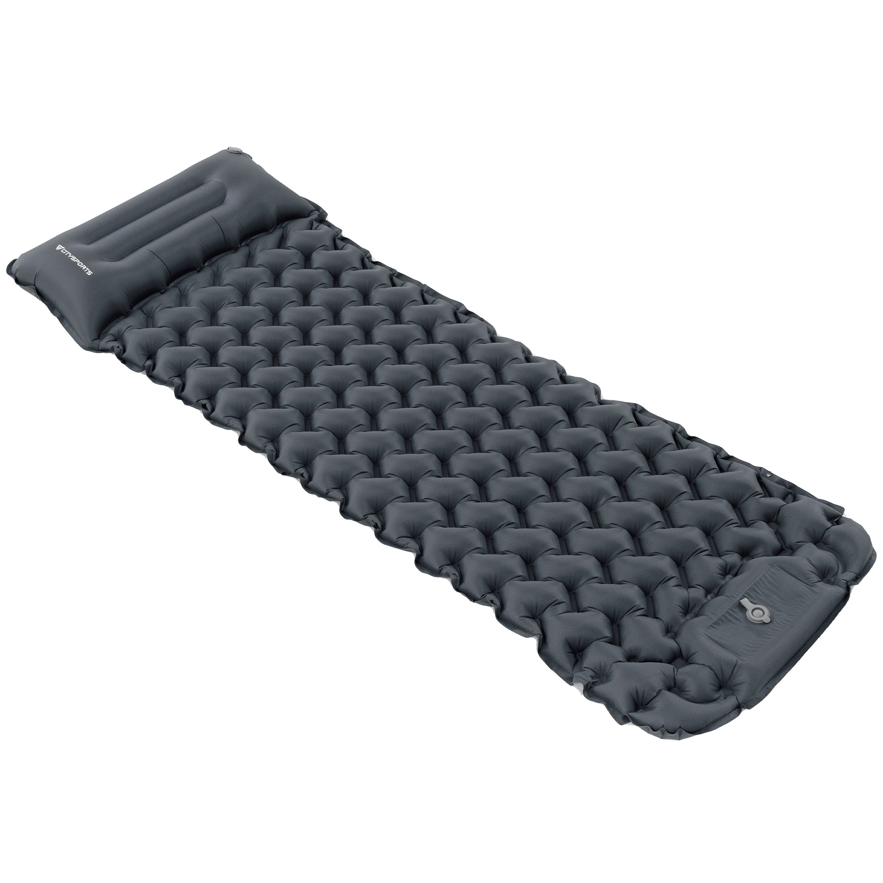 Esterilla gris inflable con patrón de panal y almohada integrada.