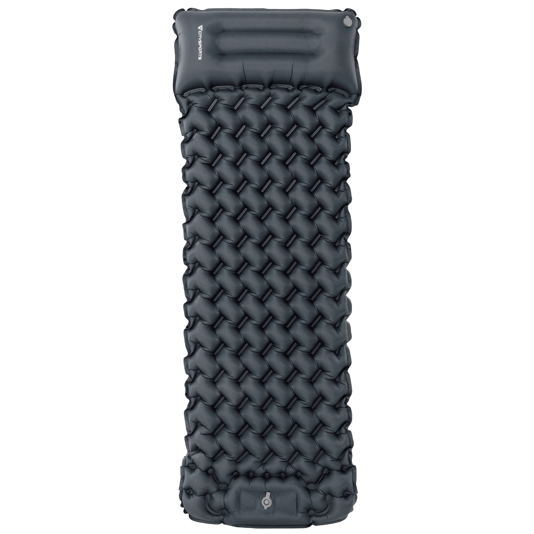 Esterilla inflable gris oscuro con cámaras de aire y almohada integrada.
