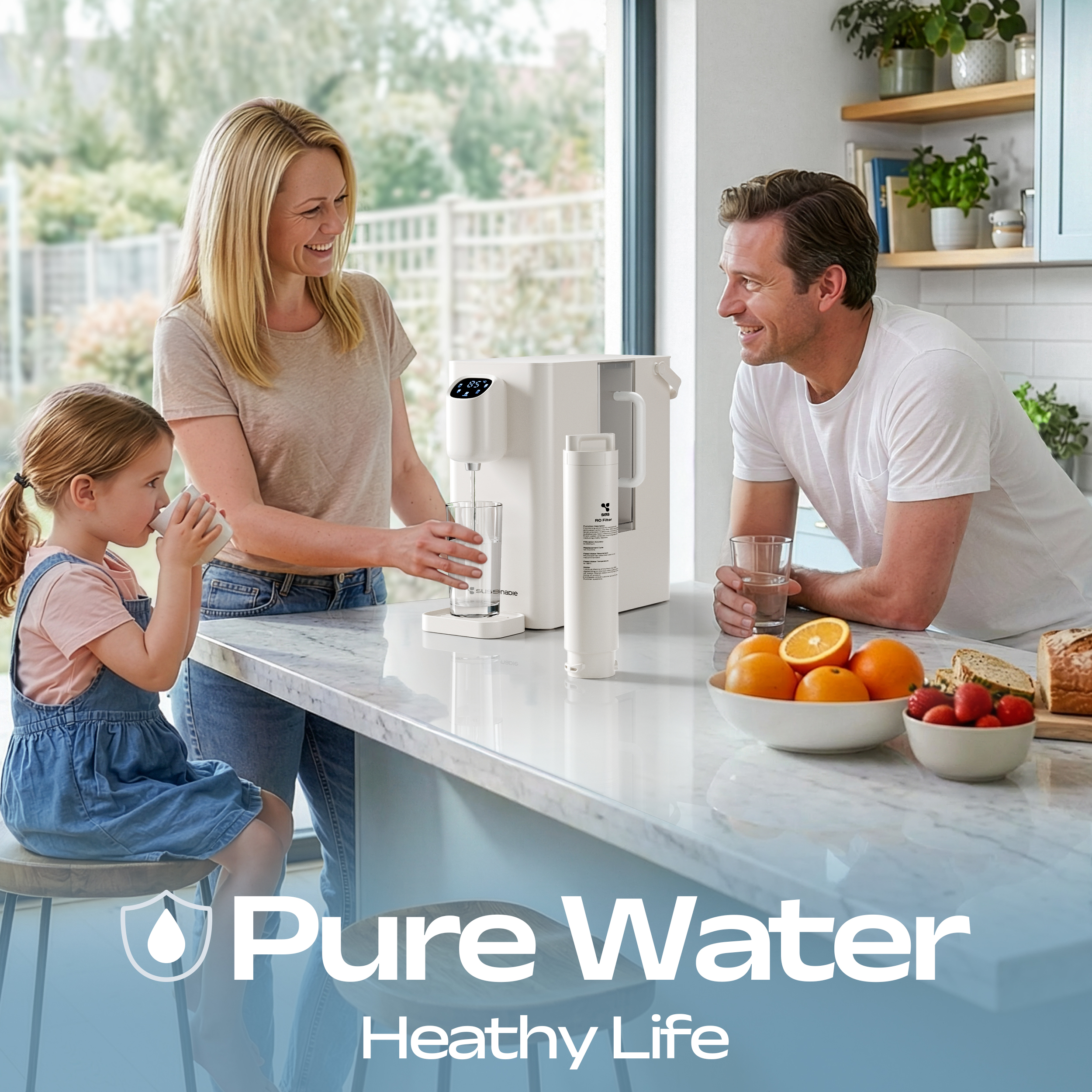 Eine Familie steht an einer Küchentheke mit einem Wasserfilter und Obst.