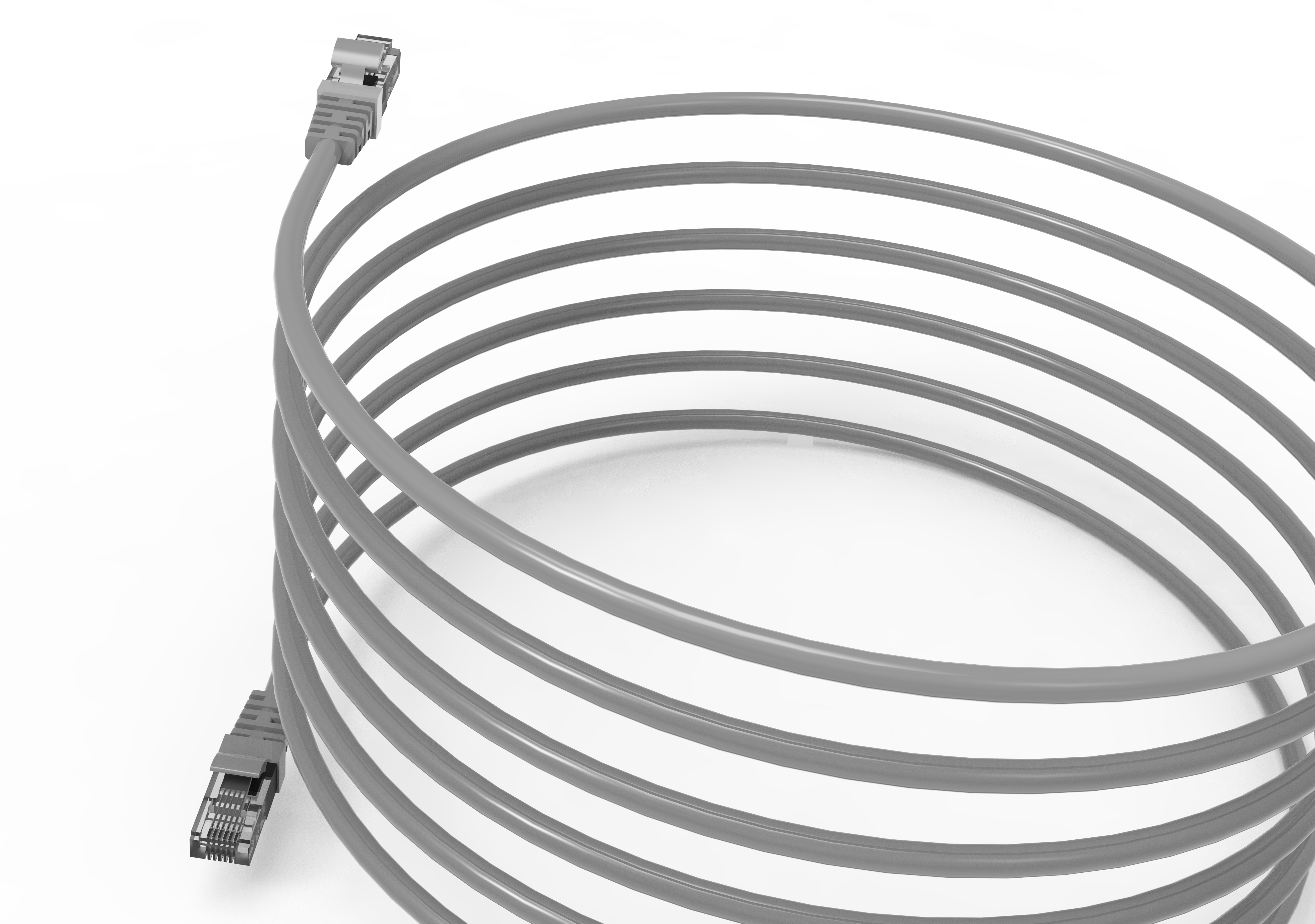RJ45 konnektörlü gri ağ kablosu, sarılmış.