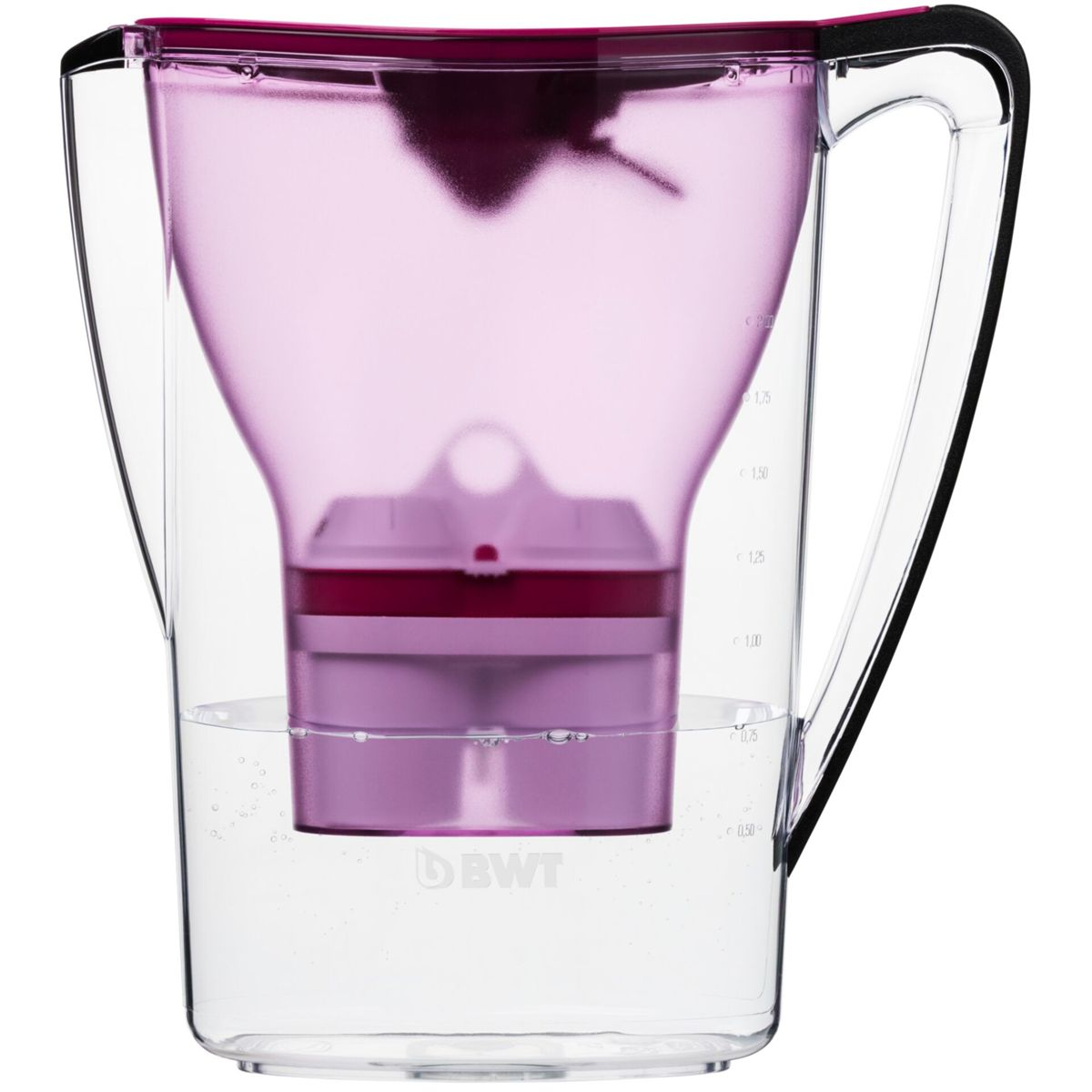 Ein transparenter Wasserfilterkrug mit lila Einsatz und Griff.