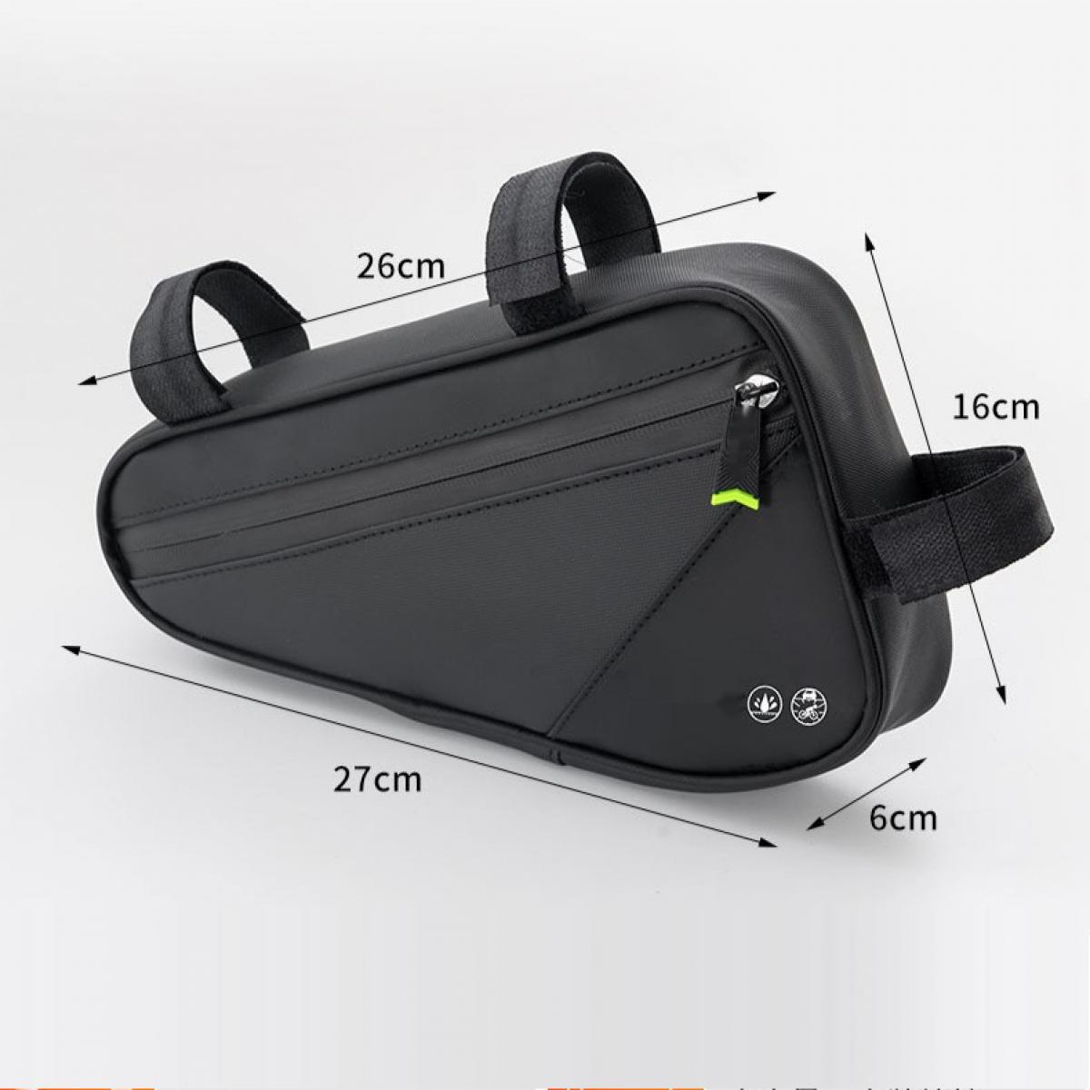 Schwarze Fahrradtasche mit Maßen: 27cm Länge, 16cm Höhe, 6cm Breite.