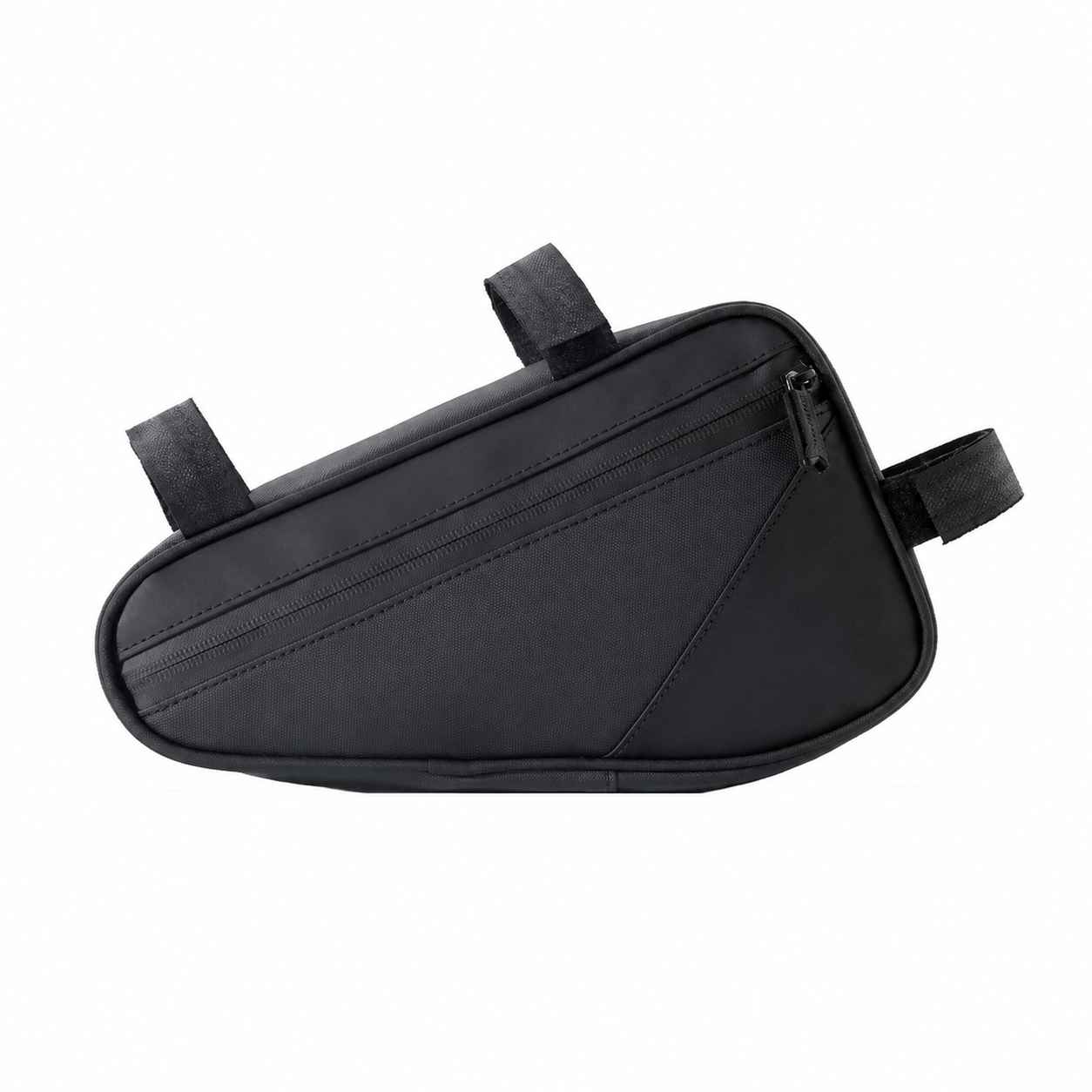 Schwarze Rahmentasche für Fahrräder mit Reißverschluss und Klettbändern.