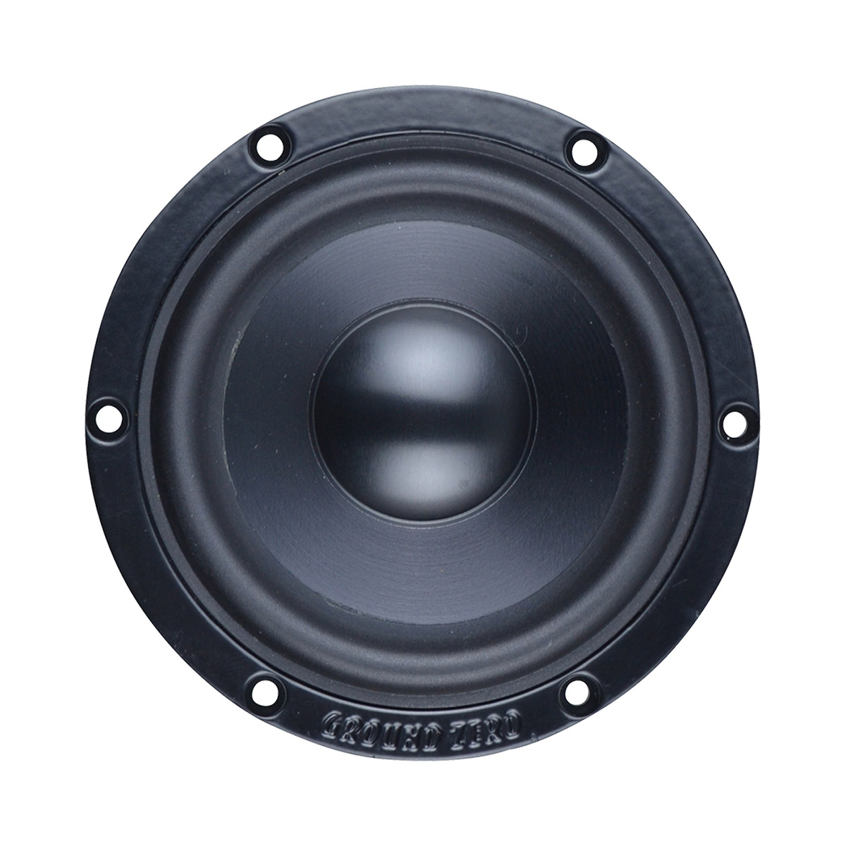 Schwarzer Lautsprecher-Subwoofer mit vier Befestigungslöchern und Logo.