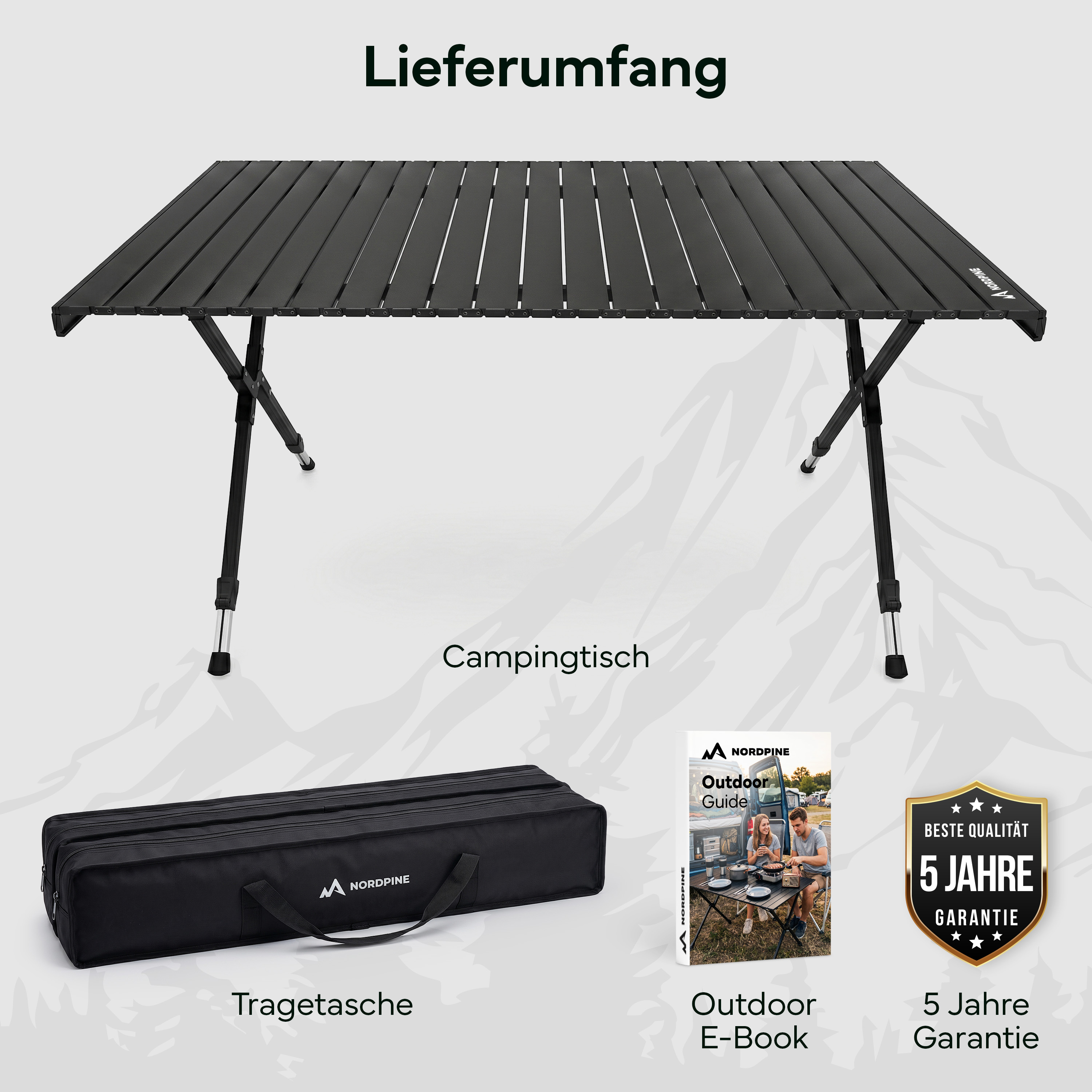 Ein schwarzer Campingtisch mit Tragetasche, Outdoor-E-Book und 5 Jahre Garantie.