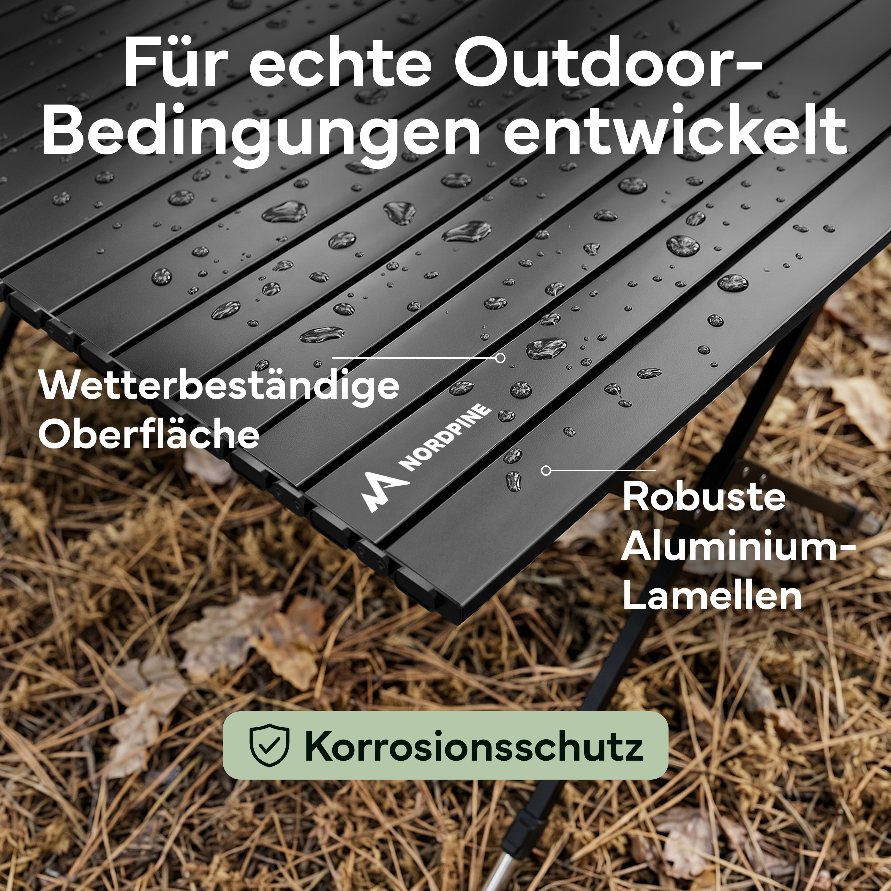Schwarzer Campingtisch mit Lamellen, Wassertropfen, NORDPINE Logo.