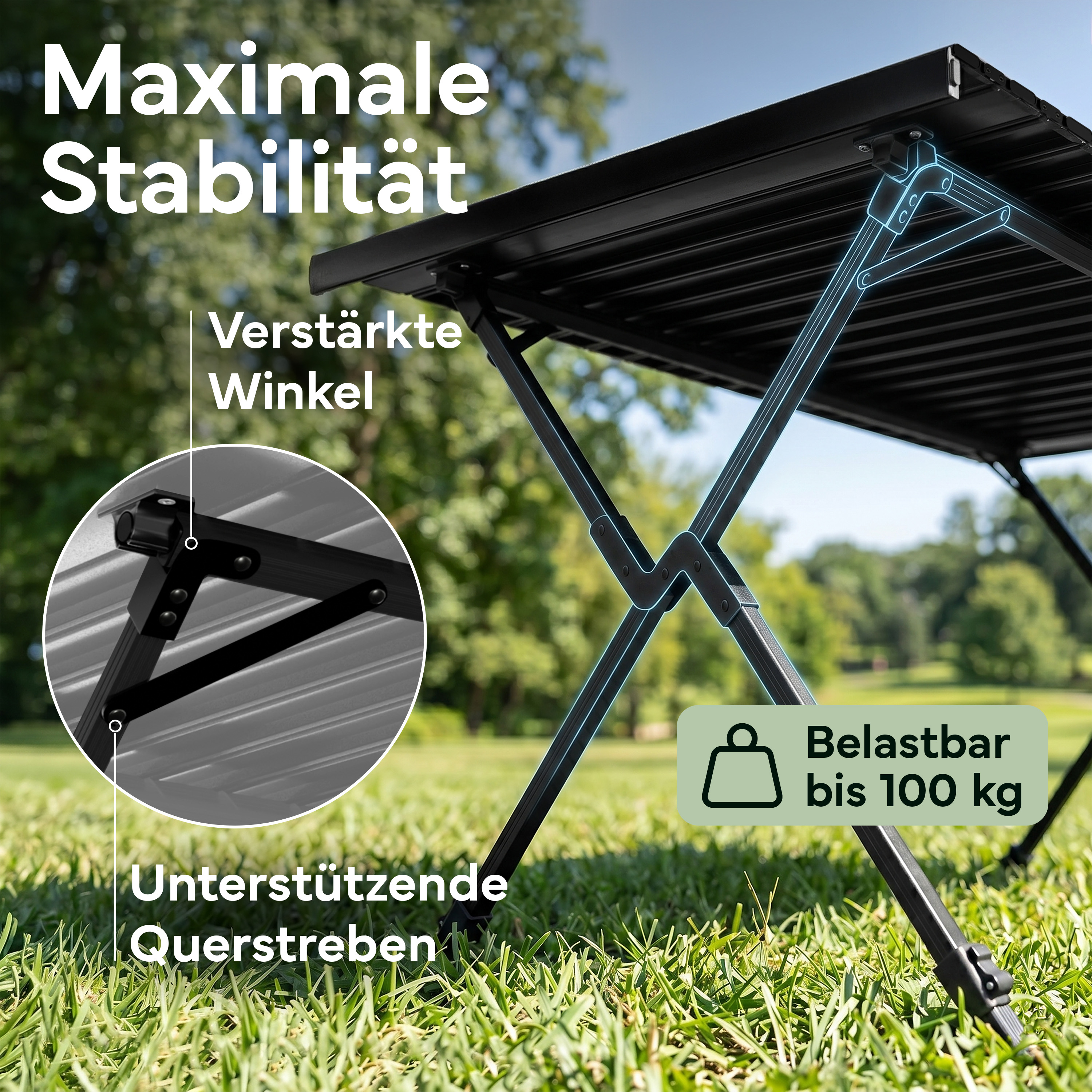 Schwarzer Klapptisch mit verstärkten Winkeln und Querstreben, belastbar bis 100 kg.