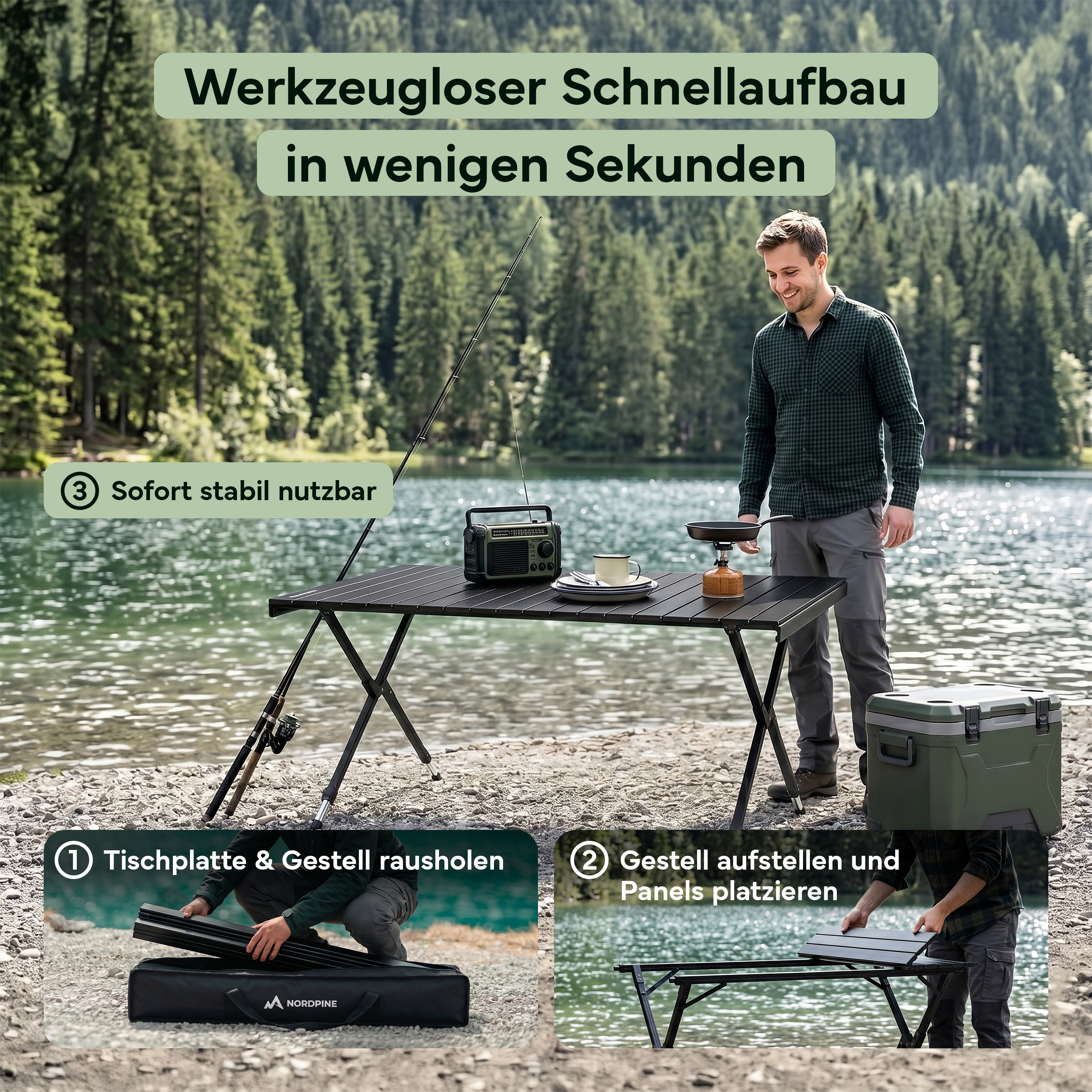 Mann baut Campingtisch am See auf. Montage in drei Schritten.
