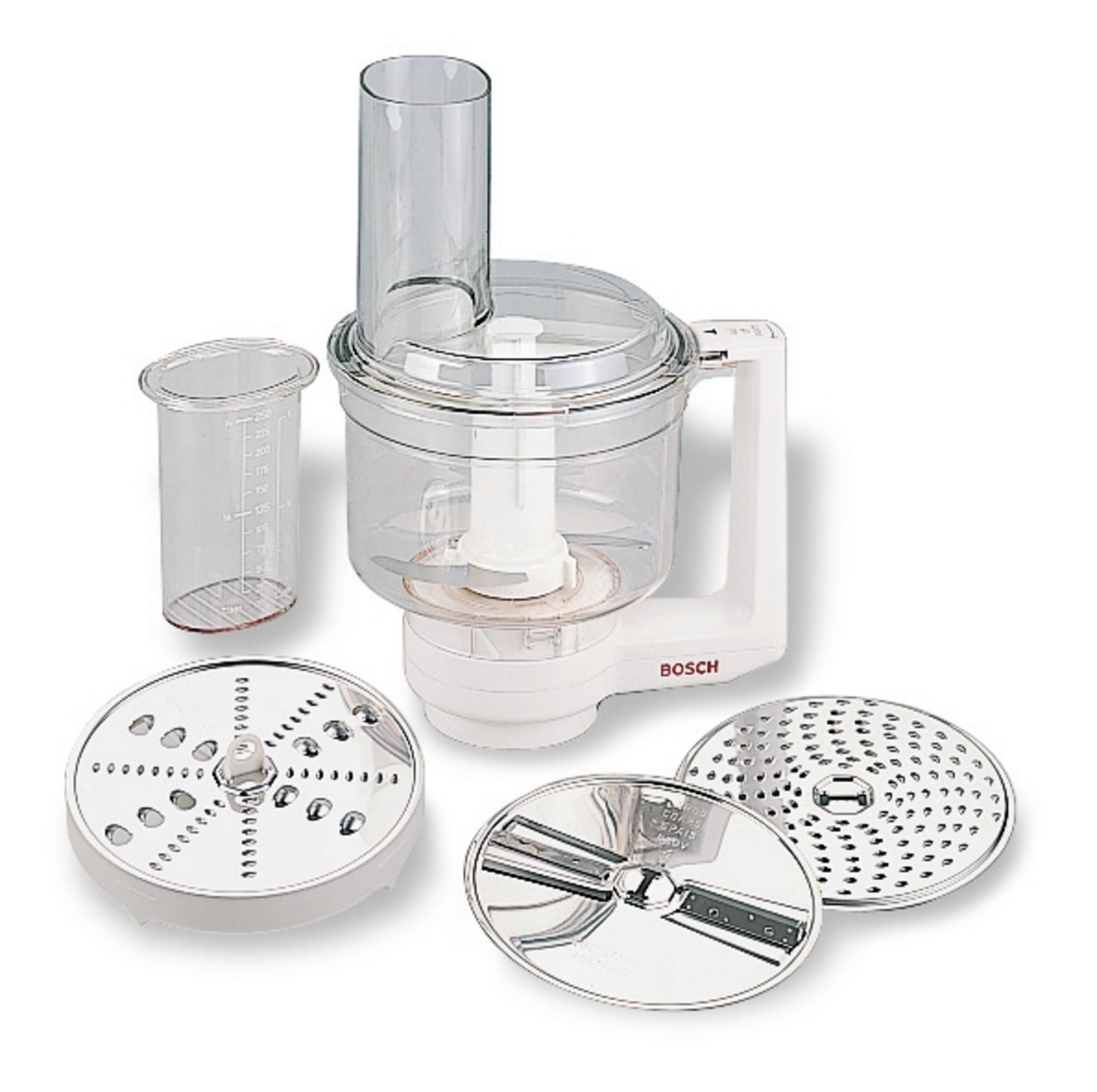 Un accesorio blanco de procesador de alimentos Bosch con bol transparente y accesorios.