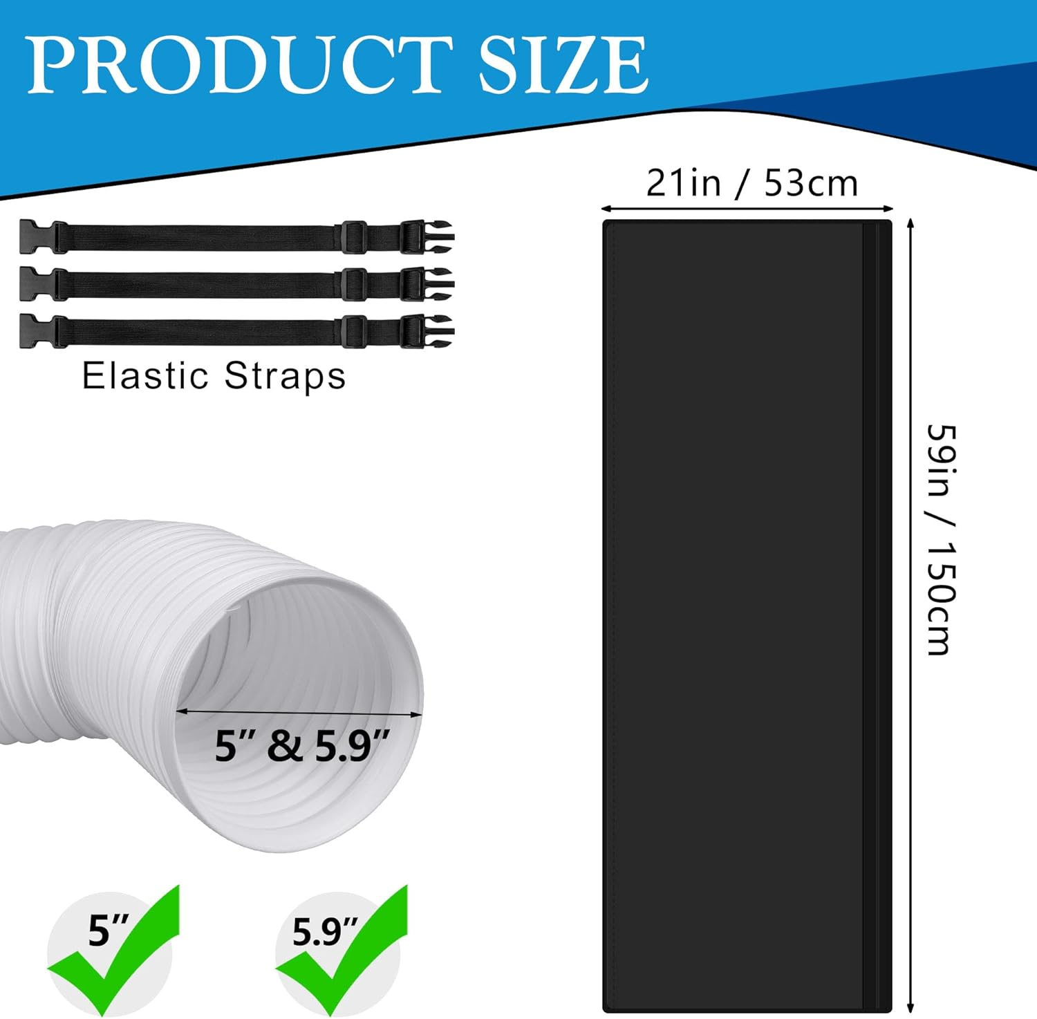 Produktgröße: schwarzer Kasten (21x59 Zoll), weiße Schlauch, 3 schwarze Gurte.
