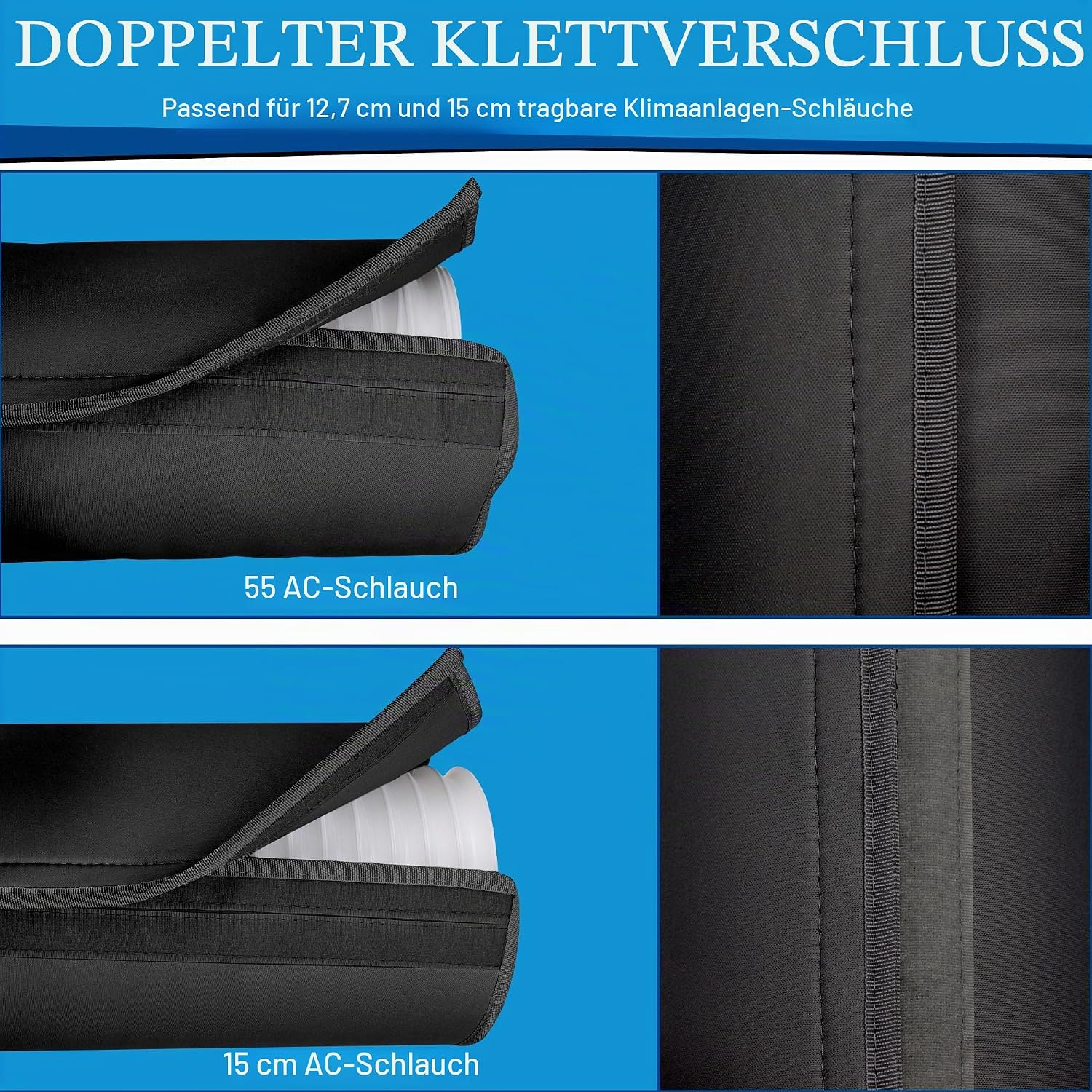 Schwarzer Stoffbezug für Klimaanlagenschläuche, zeigt Größen 55cm und 15cm.