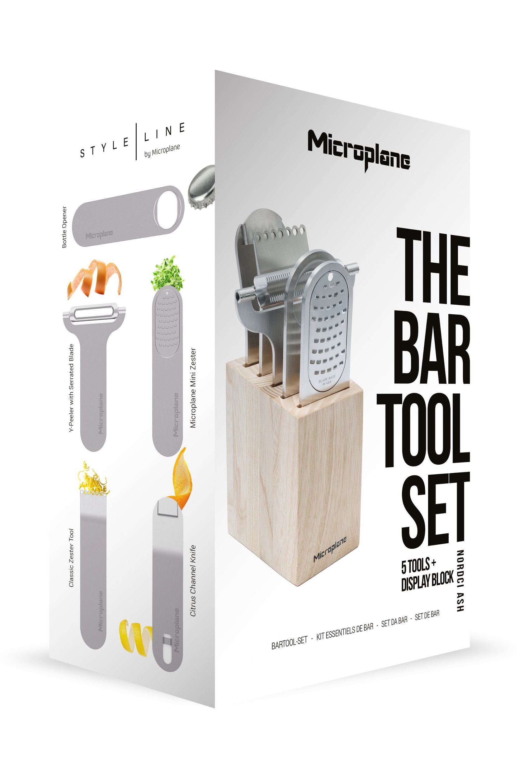 Microplane Bar Tool Set: Flaschenöffner, Sparschäler, Zester, Messer im Holzblock.