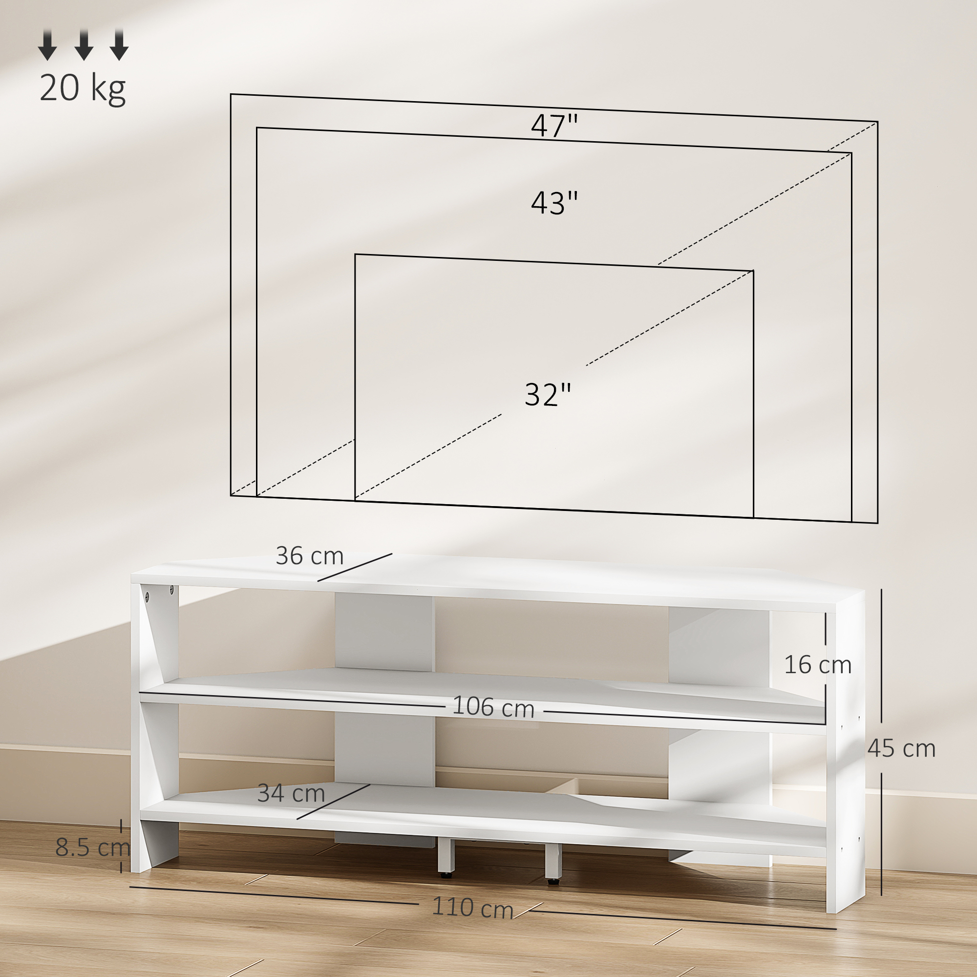 Mobile TV bianco da 110x36x45cm. Supporta fino a 20kg.