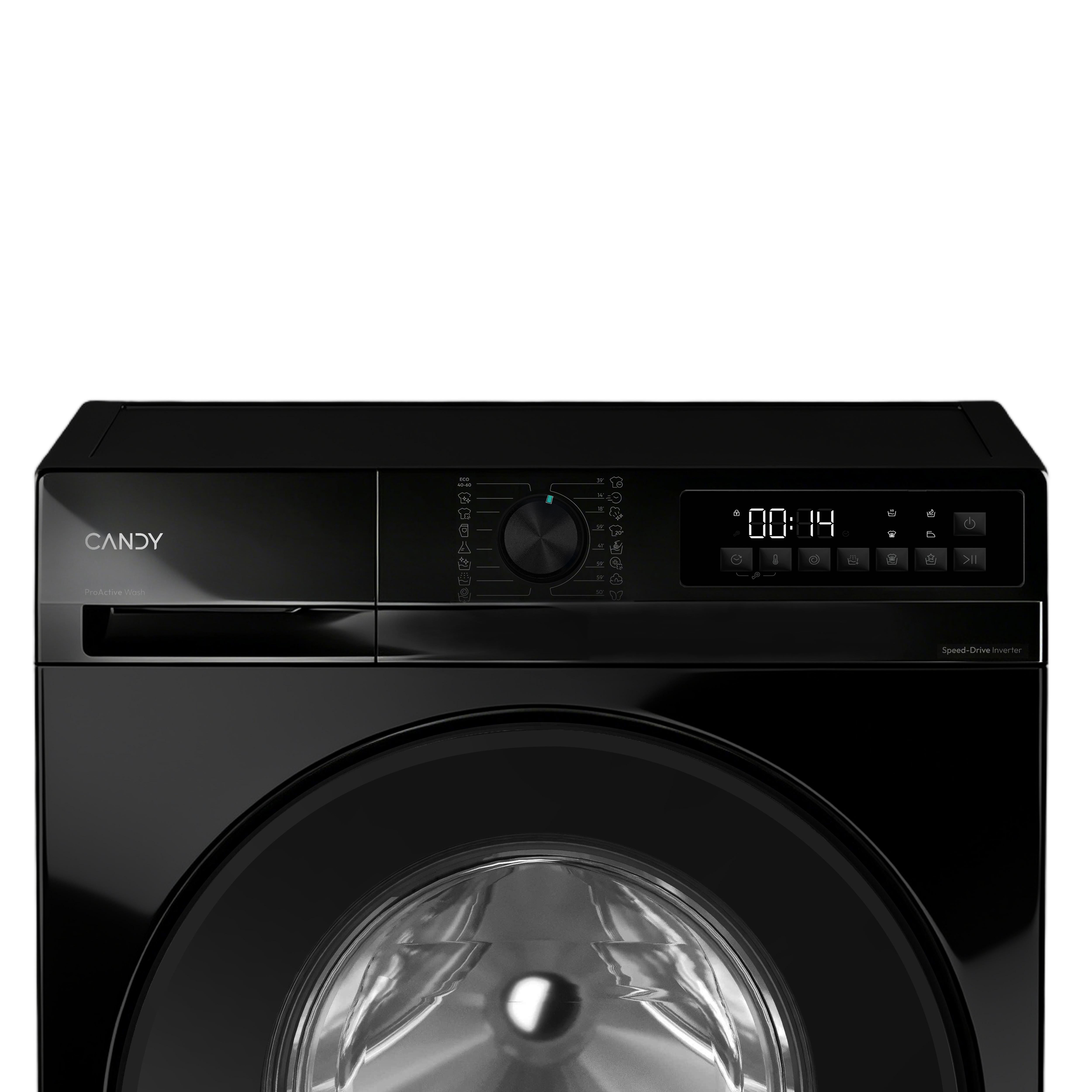Lavatrice Candy nera con display digitale che mostra 00:14.