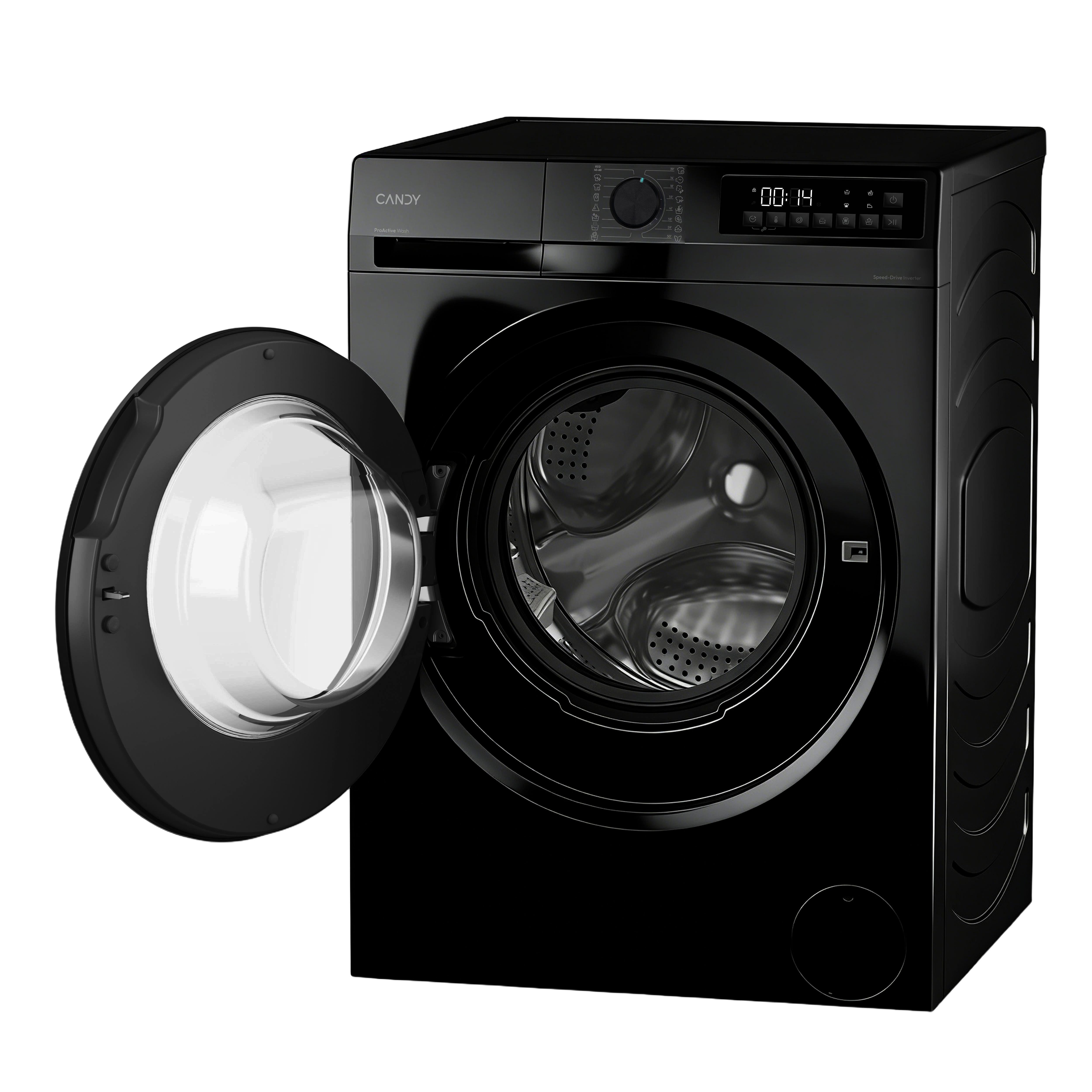 Lavatrice nera con oblò aperto, cestello argentato e display digitale.