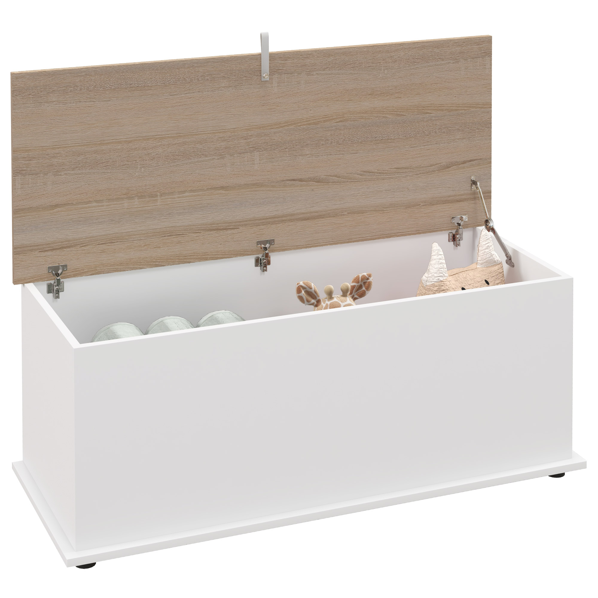 Cassapanca bianca con coperchio in legno aperto, piena di giocattoli giraffa e palline.