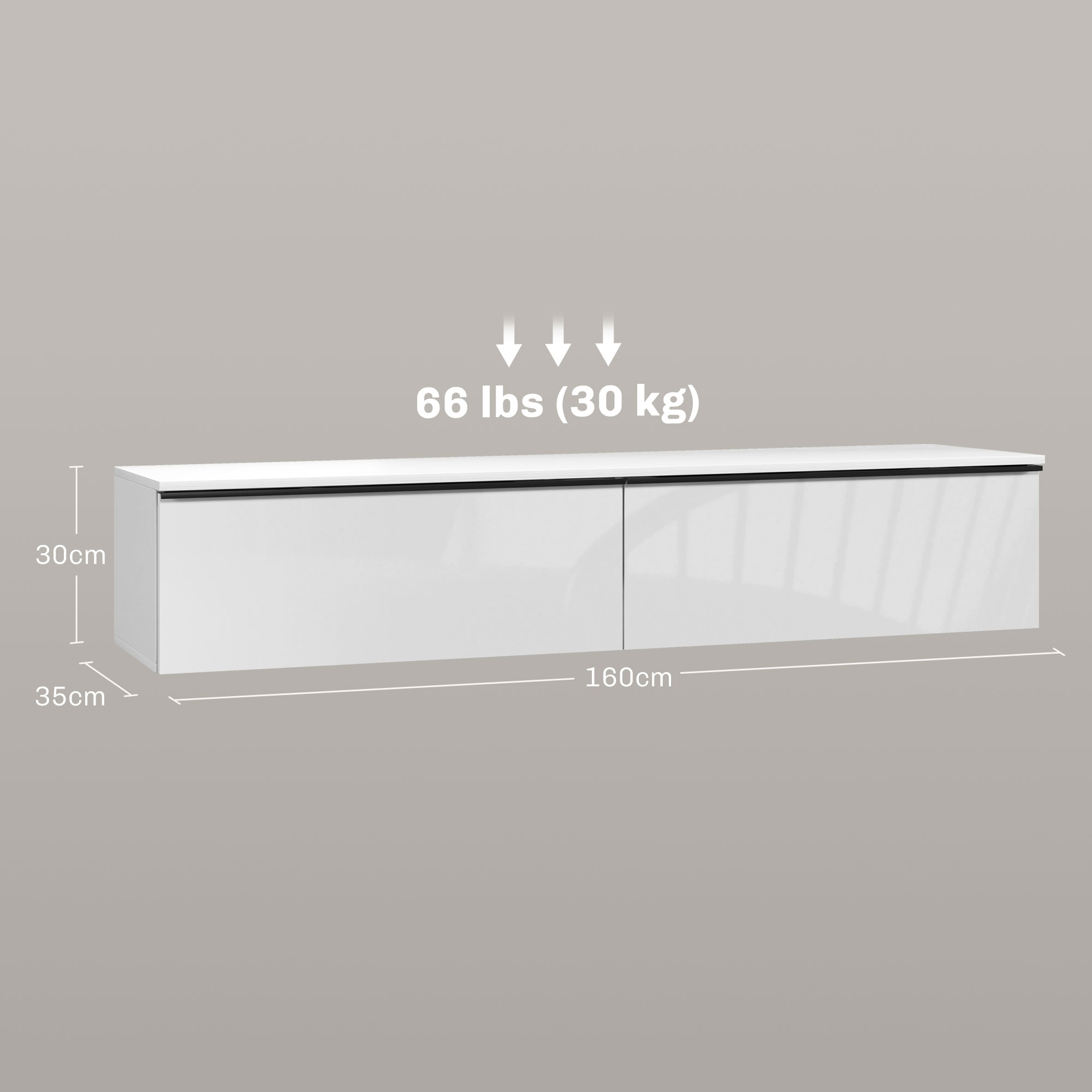 Mobile bianco da parete, 160cm L x 30cm A x 35cm P. Carico max 30kg.