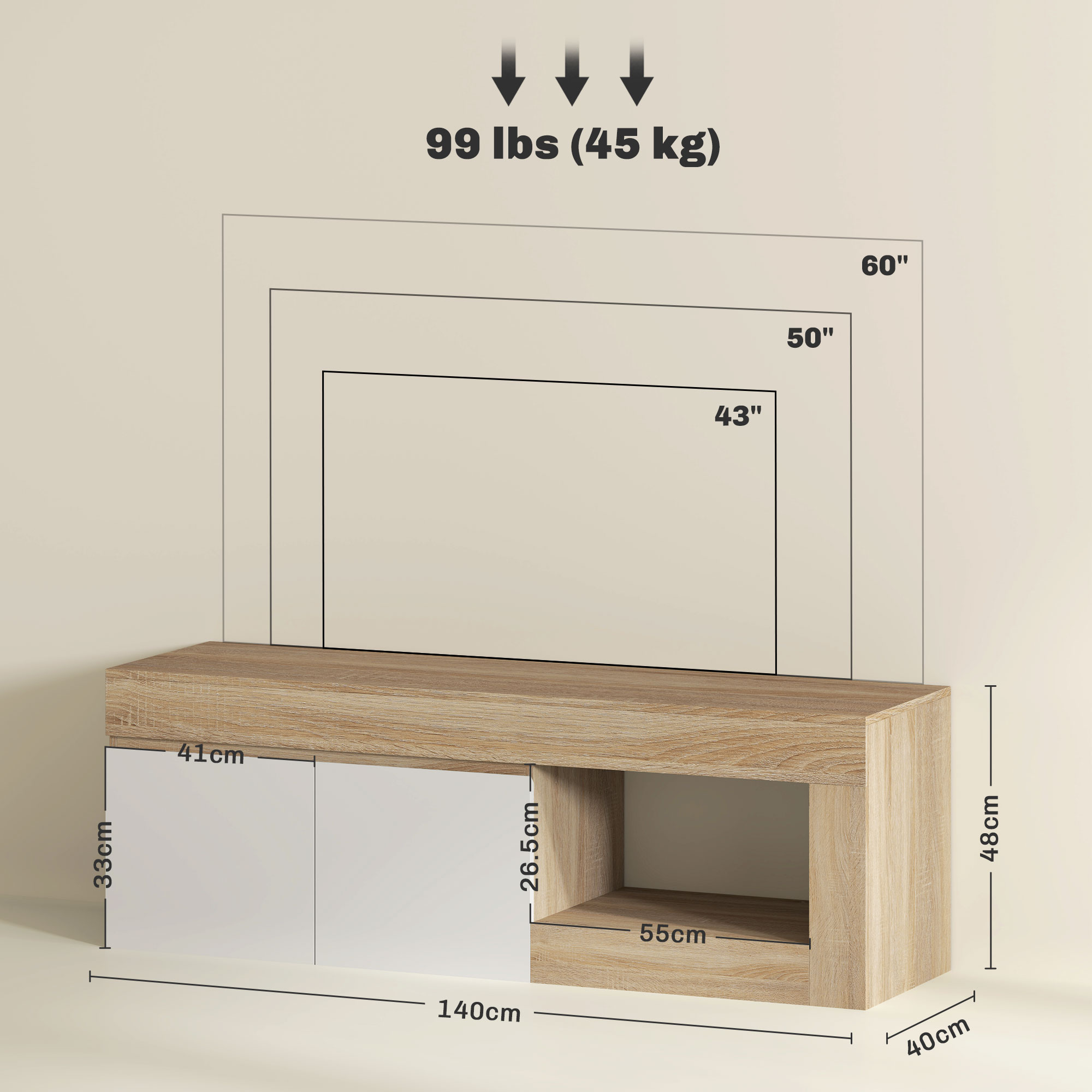 Mobile TV in legno con dimensioni e misure TV 43", 50", 60".