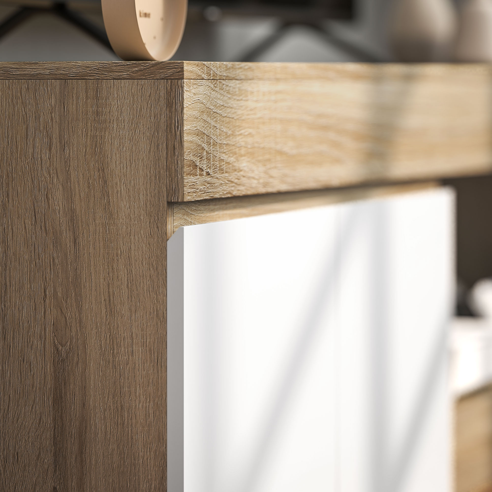 Primo piano di una superficie in legno accanto a una superficie bianca.