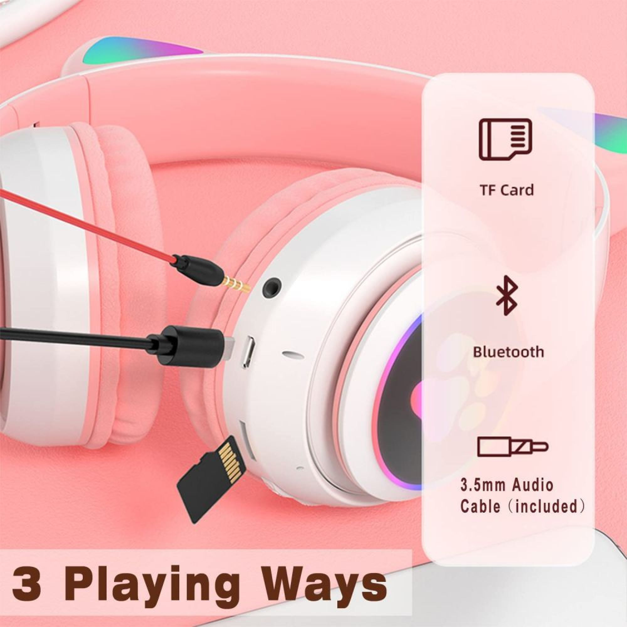 Rosa Kopfhörer mit TF-Karte, Bluetooth und 3,5-mm-Audiokabel.