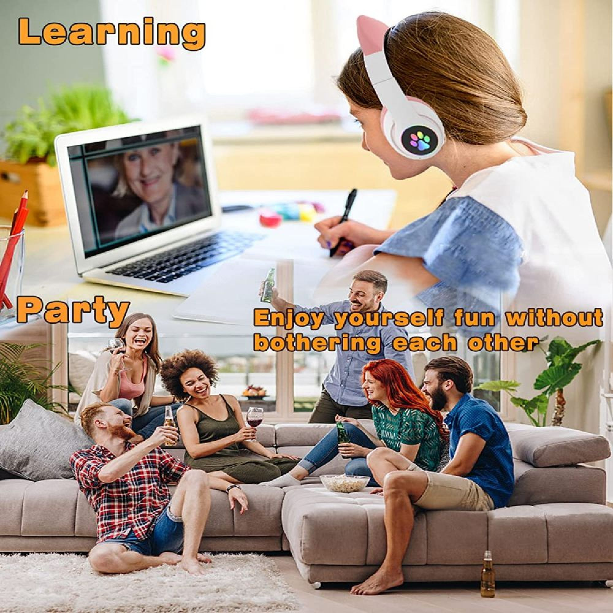 Collage zeigt Lernen und Party. Oben: Person mit Kopfhörern lernt am Laptop. Unten: Gruppe feiert.