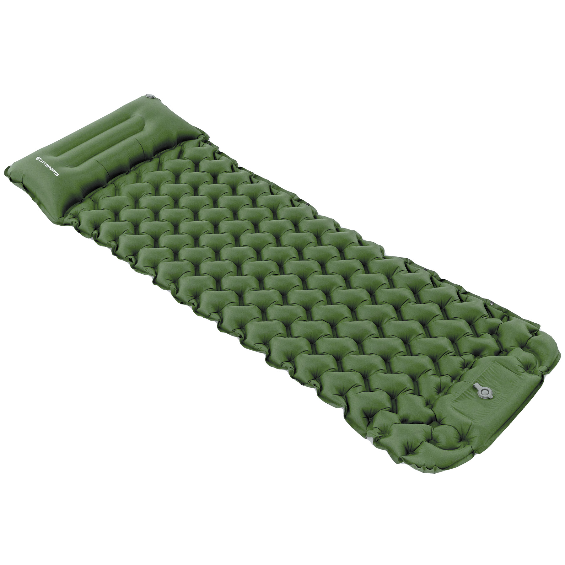 Colchoneta inflable verde con textura de panal y sección de almohada.