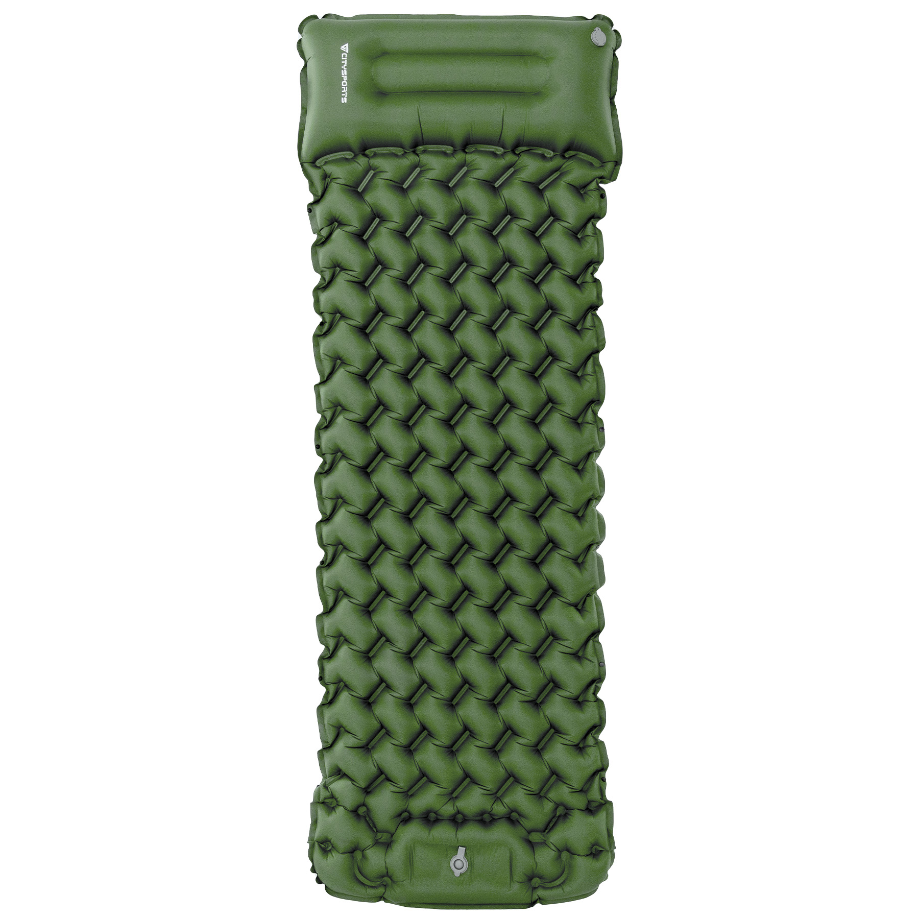Colchoneta inflable verde con estructura de panal y almohada integrada.