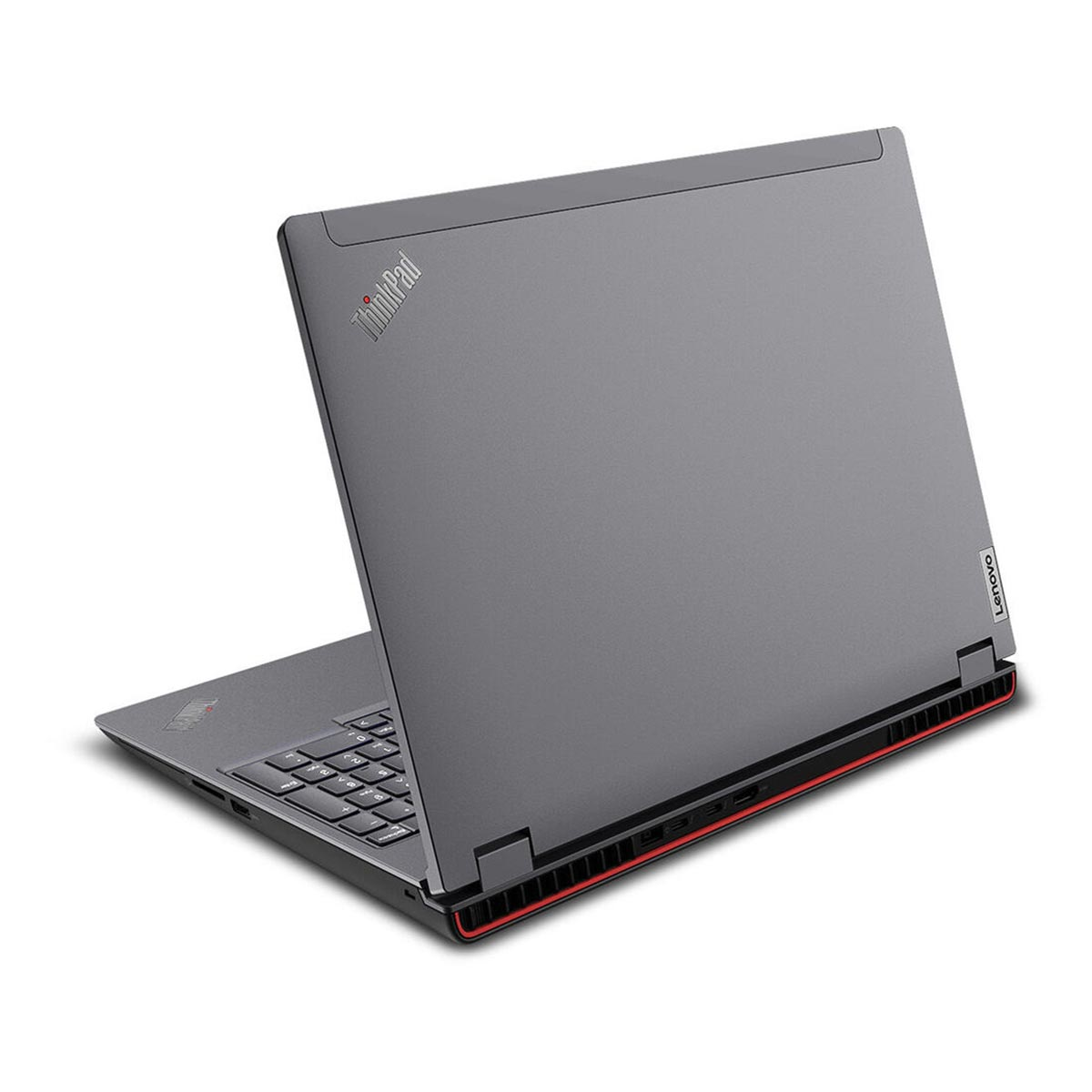 Szary laptop Lenovo ThinkPad z klawiaturą i czerwonymi akcentami, na białym tle.