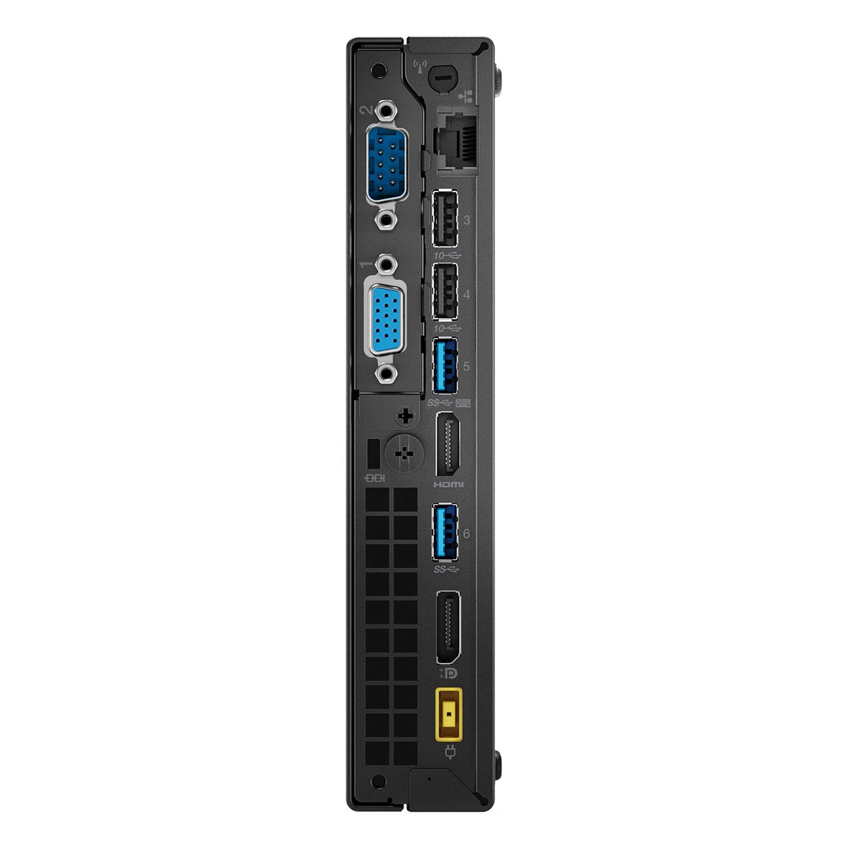 Rückseite eines kleinen Computers mit VGA-, USB-, HDMI- und Netzanschluss.