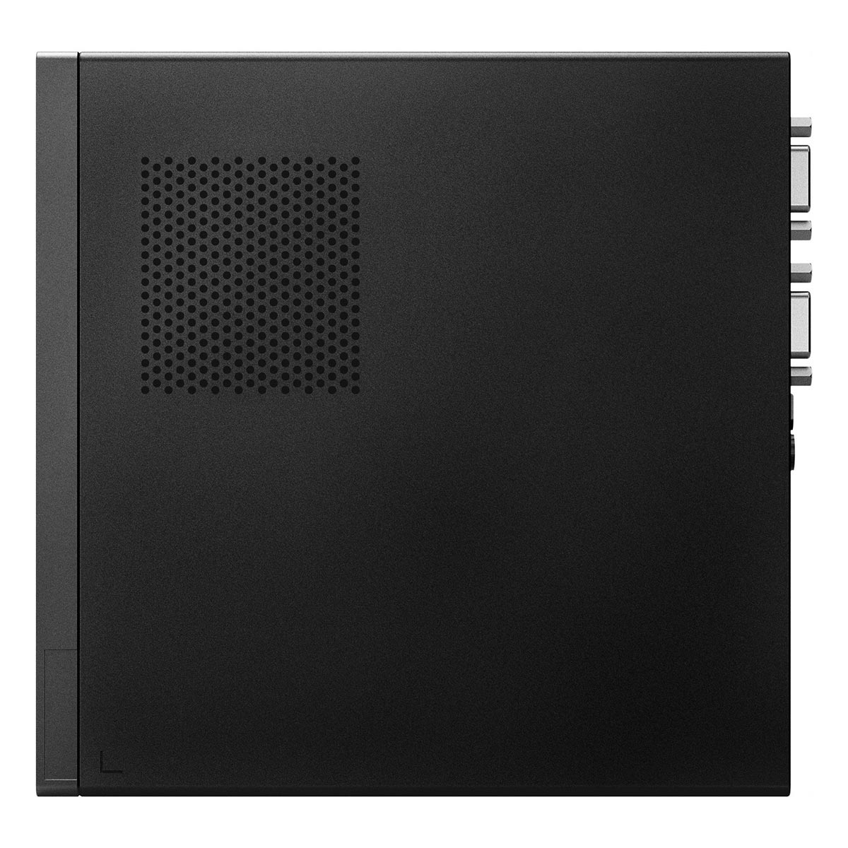 Schwarzer Computergehäuse-Seitenansicht mit Lüftungsschlitzen und Anschlüssen.