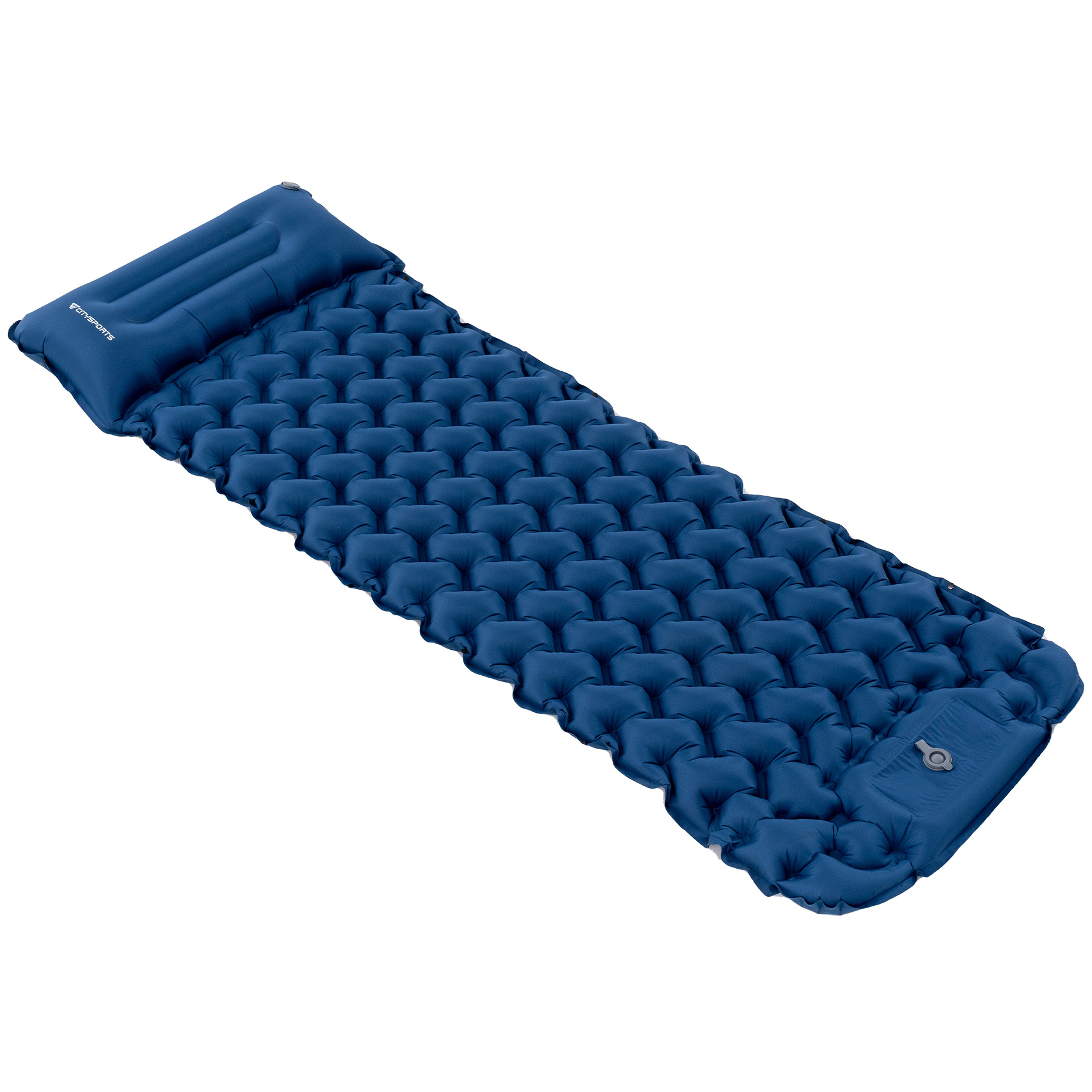 Una colchoneta inflable azul oscuro con patrón de panal, aislada sobre fondo blanco.