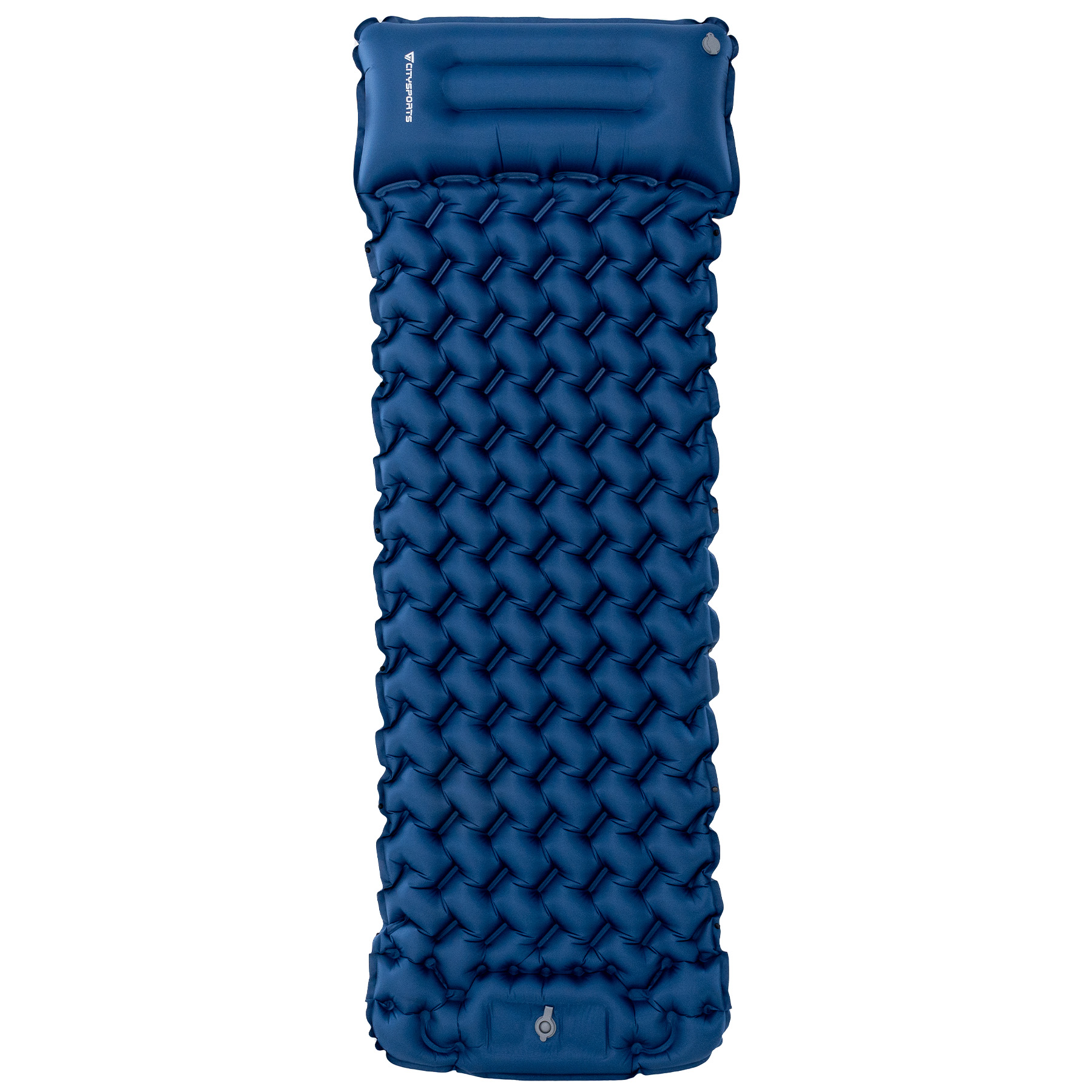 Esterilla azul oscuro inflable con patrón acolchado y almohada.