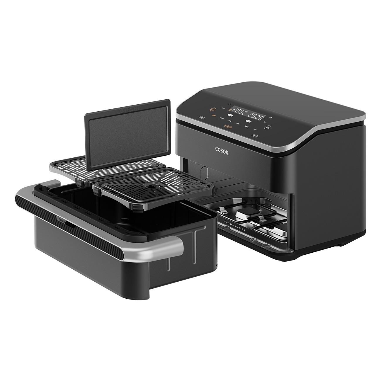 Schwarzer COSORI Airfryer mit herausgezogenem Garraum, zwei Roste und Deckel.