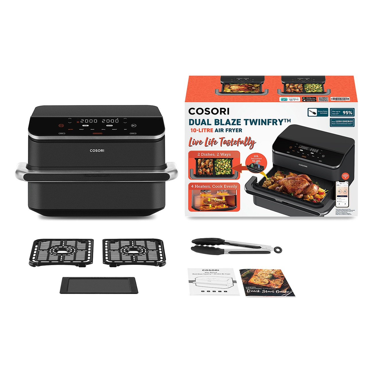 Schwarzer Cosori Dual Blaze Twinfry Heißluftfritteuse, Zubehör und Verpackung. Inklusive Handbuch.