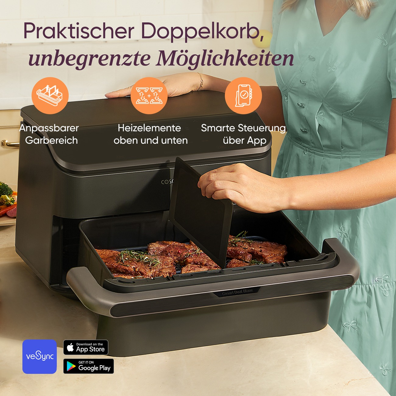 Ein schwarzer Doppelkorb-Airfryer mit gegrilltem Fleisch, über App steuerbar.