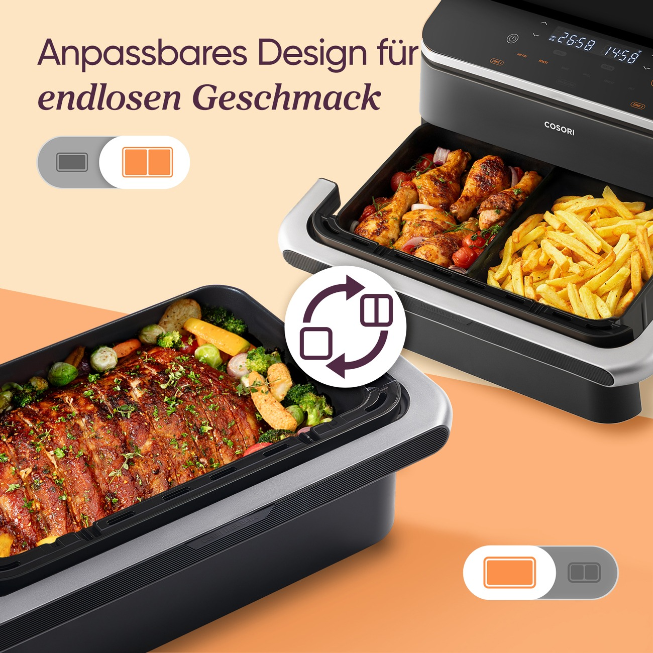Zwei geteilte Kochfächer mit Essen: Braten und Pommes. Ein Symbol zeigt zwei Rechtecke.