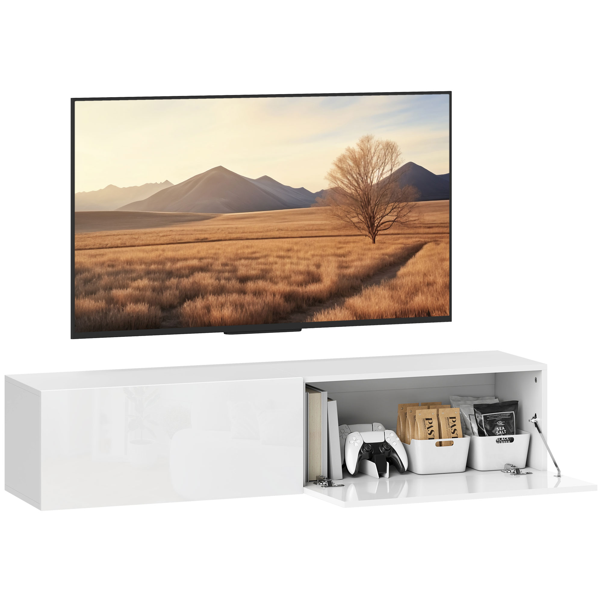 Un moderno mobile multimediale bianco con vano aperto contenente un controller e contenitori.