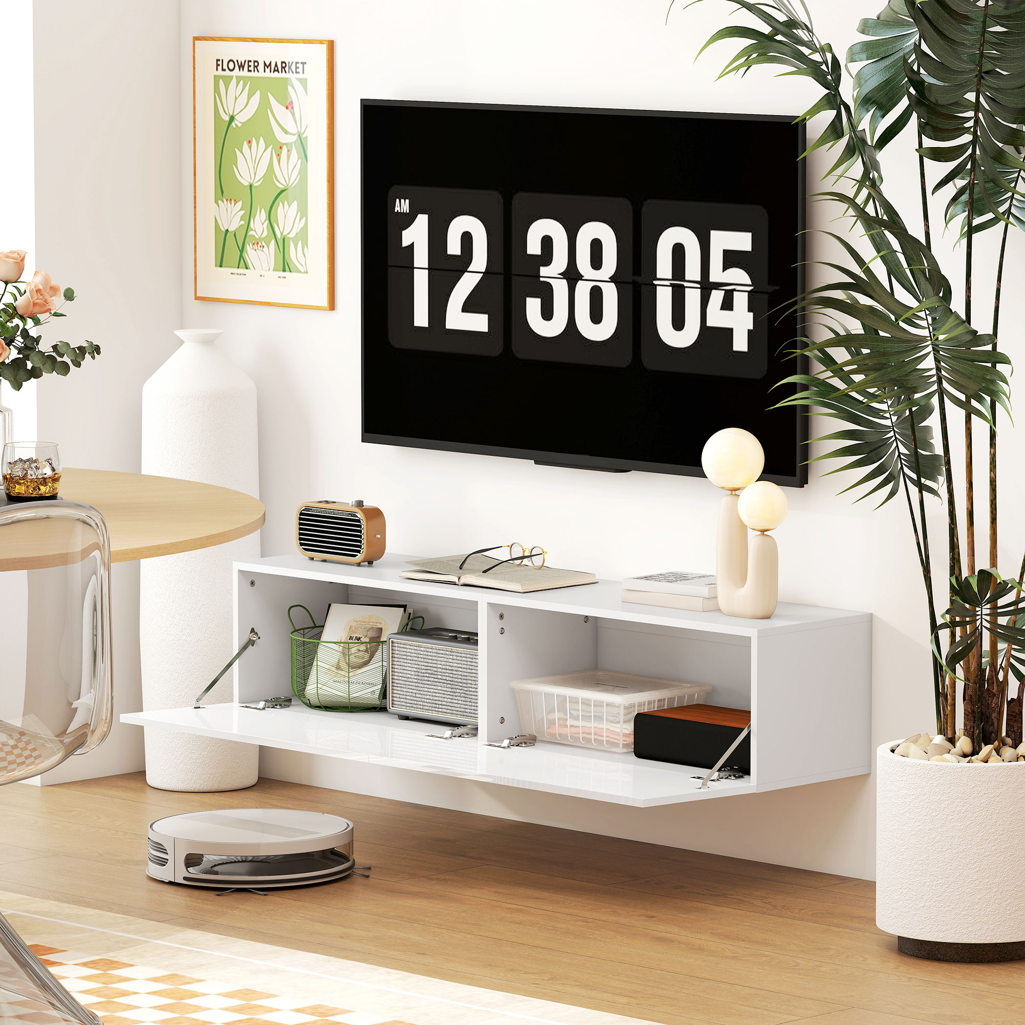 Un soggiorno moderno con TV, mensola e aspirapolvere robot.