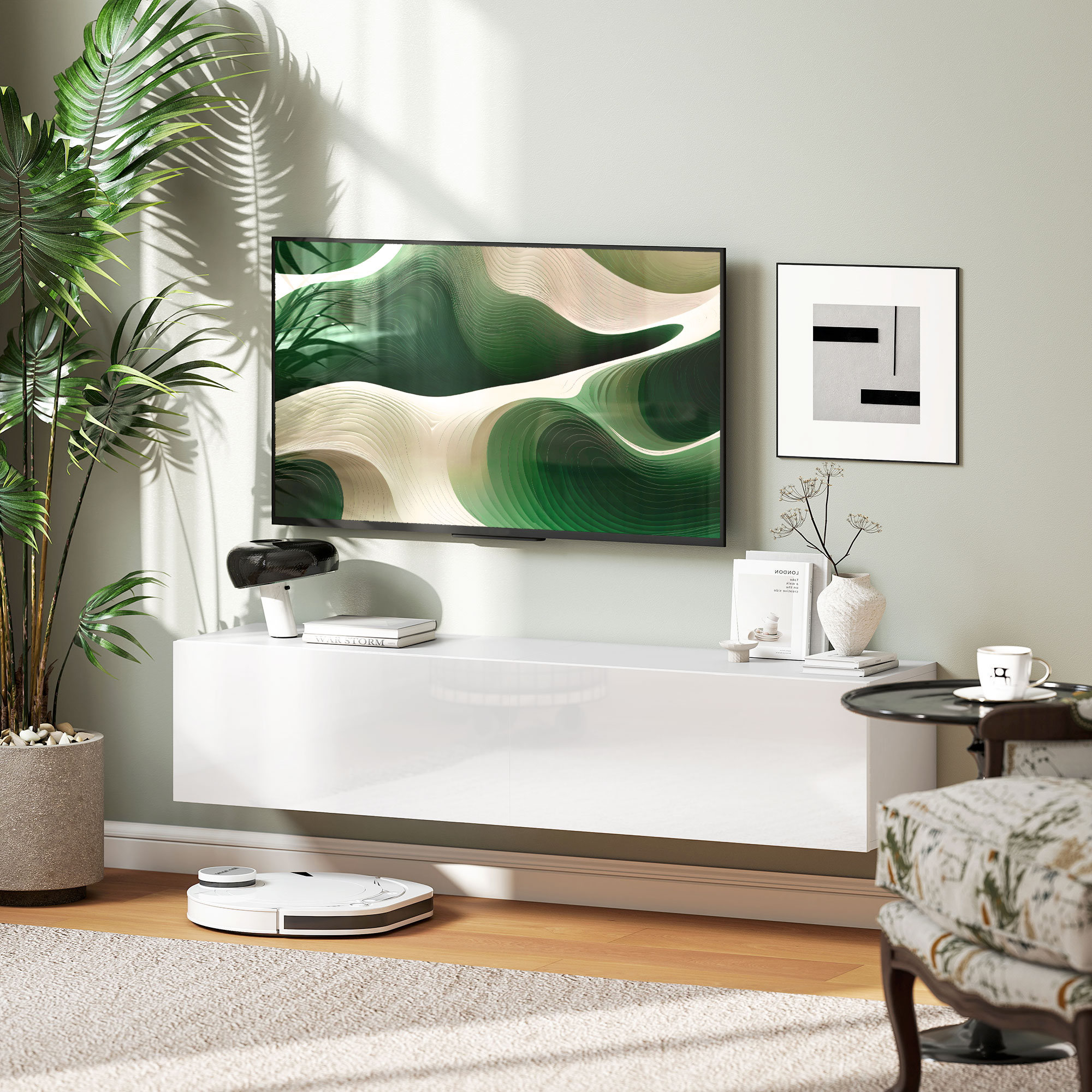 Un soggiorno moderno con TV, arte e un robot aspirapolvere.