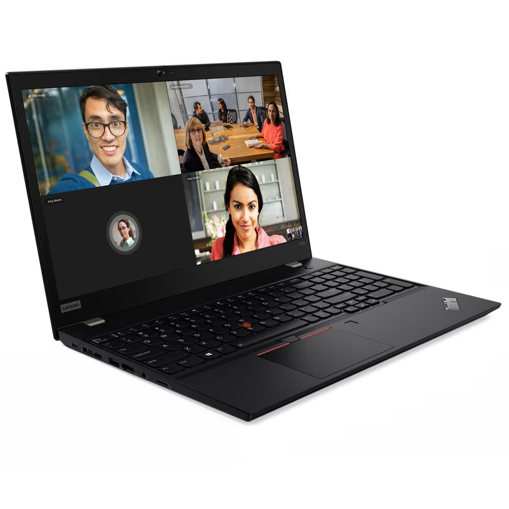 Ein schwarzer Lenovo Laptop-Bildschirm zeigt eine Videokonferenz mit vier Personen.