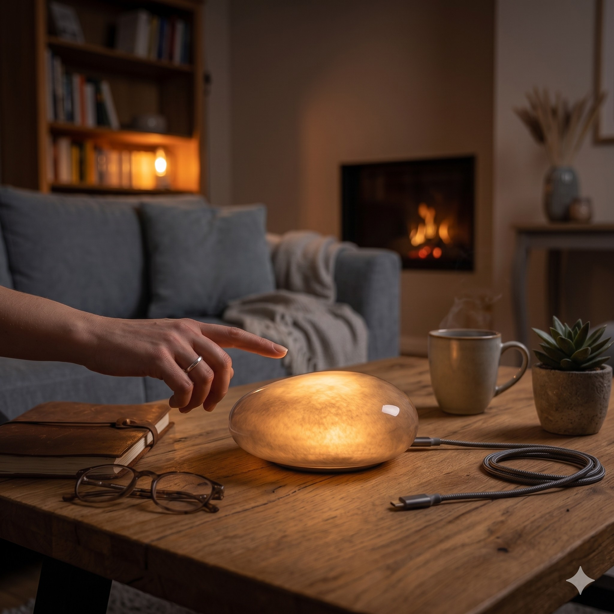 Eine Hand berührt eine leuchtende Lampe auf einem Holztisch. Tasse, Buch, Brille, Kamin im Hintergrund.
