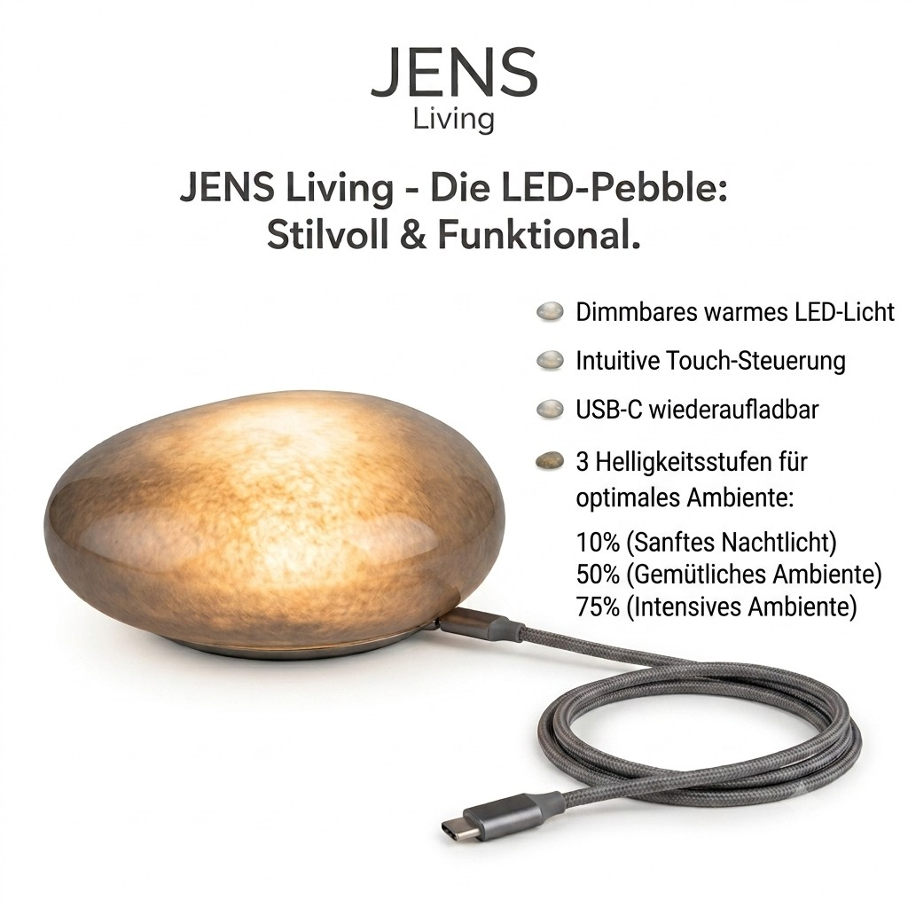 Eine runde, goldfarbene LED-Lampe in Kieselform mit USB-C-Kabel.