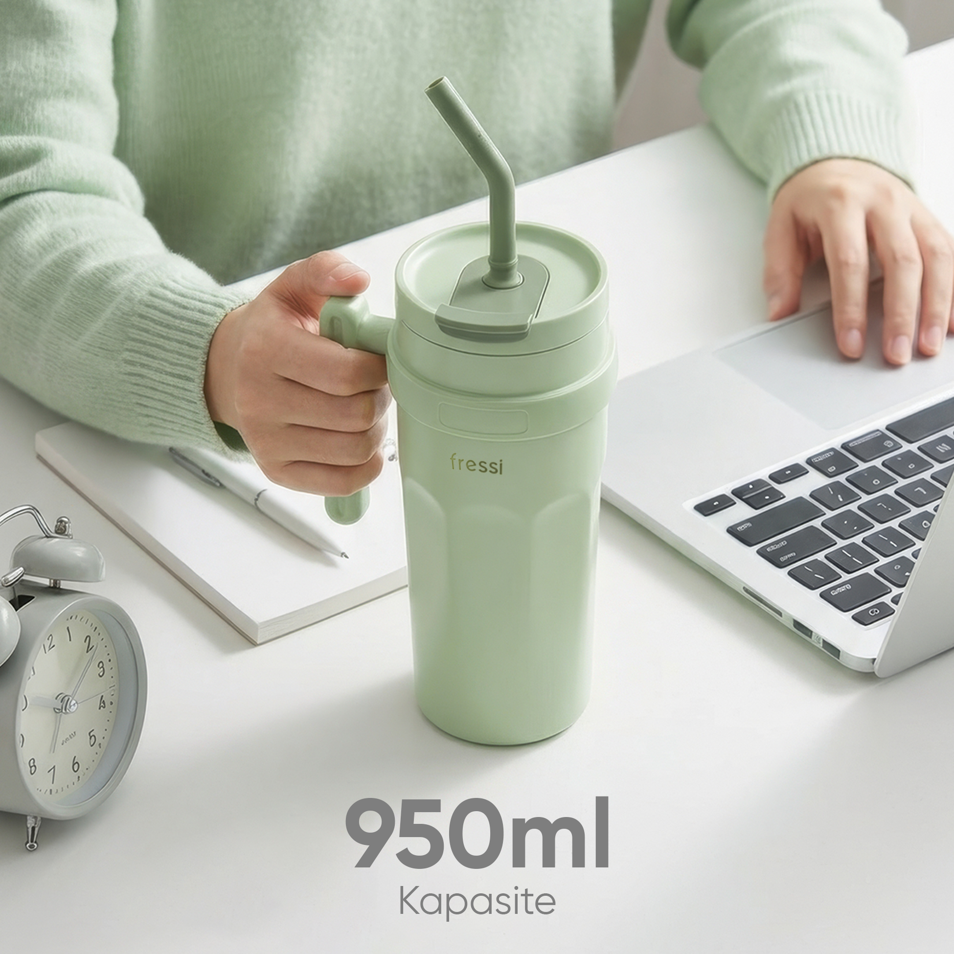 Kulplu ve pipetli yeşil 950ml bardak masada duruyor.