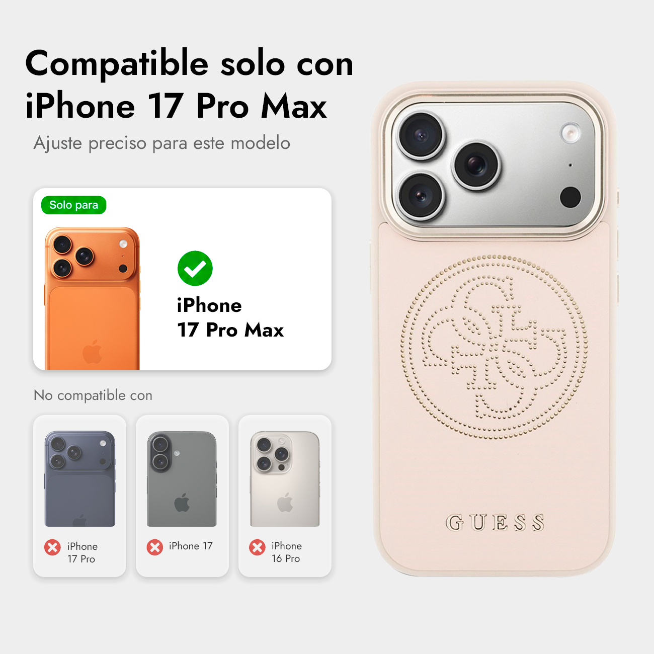Una custodia rosa pallido con logo GUESS, compatibile con iPhone 17 Pro Max.