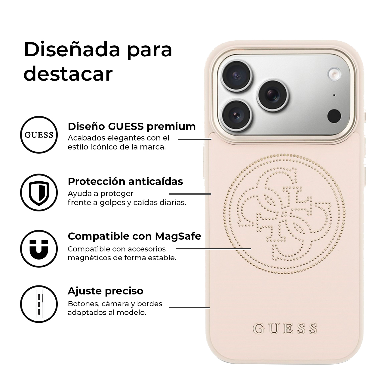 Una cover per telefono rosa chiaro con logo Guess e ritagli fotocamera. Testo su design e protezione.